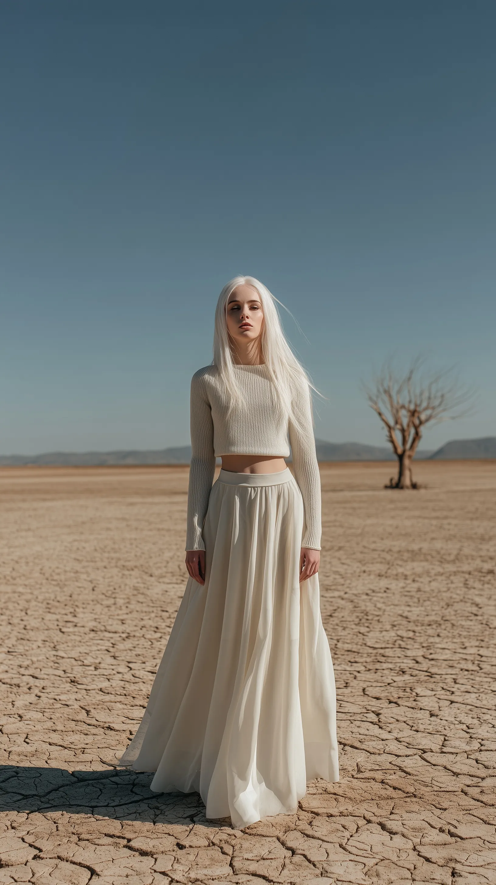 Ethereal woman in a flowing cappuccino linen outfit standing on cracked desert earth, editorial fashion style.
