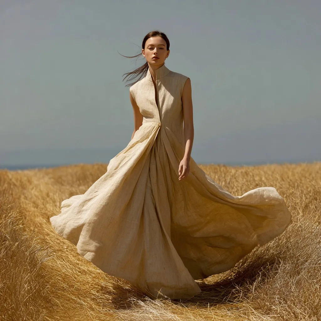 A model wearing a flowing oatmeal linen floor-length dress in a desert setting with soft natural sunlight.