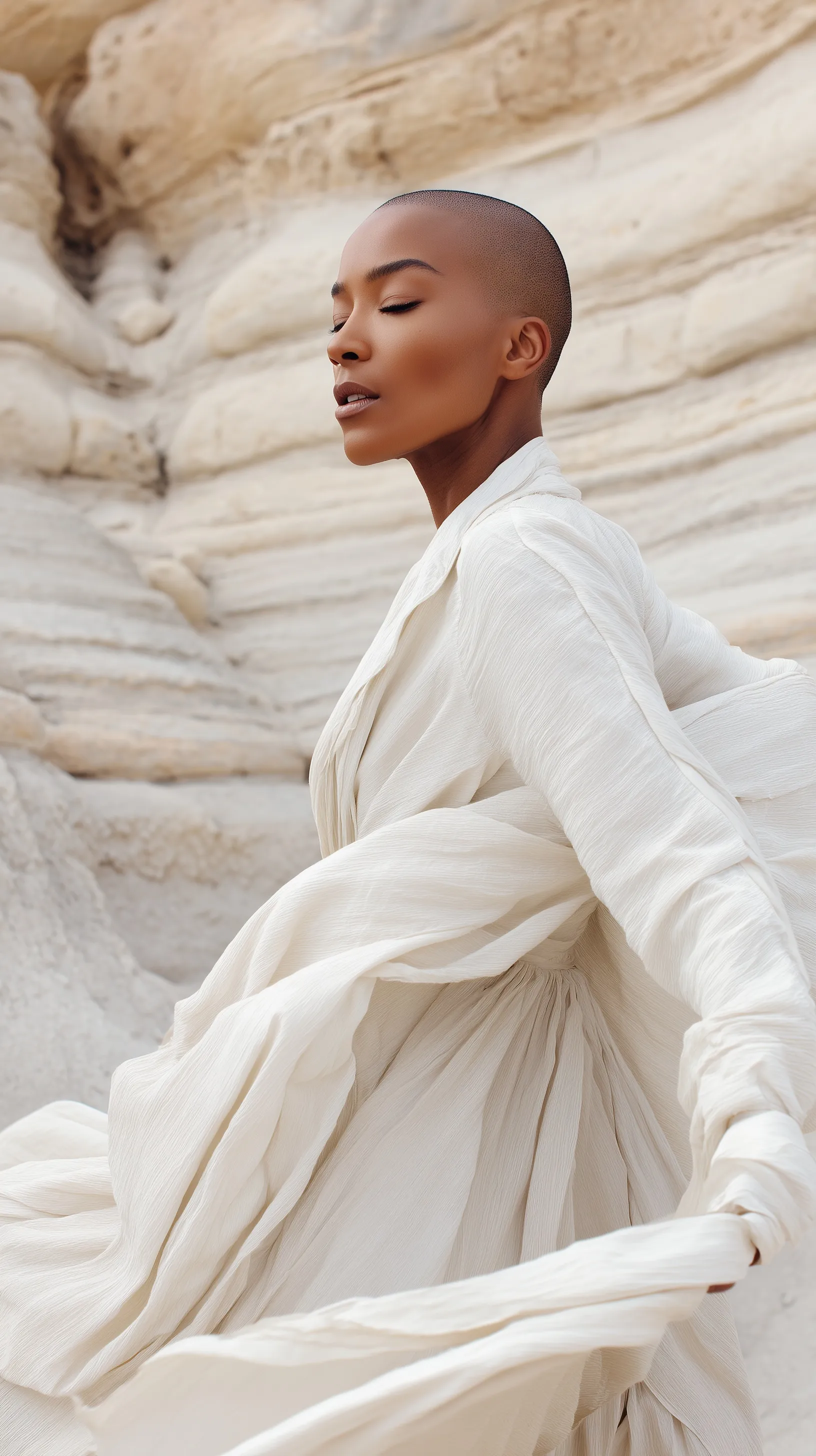 Black woman with short hair in a flowing ivory linen dress posing against dramatic layered sandstone desert cliffs.