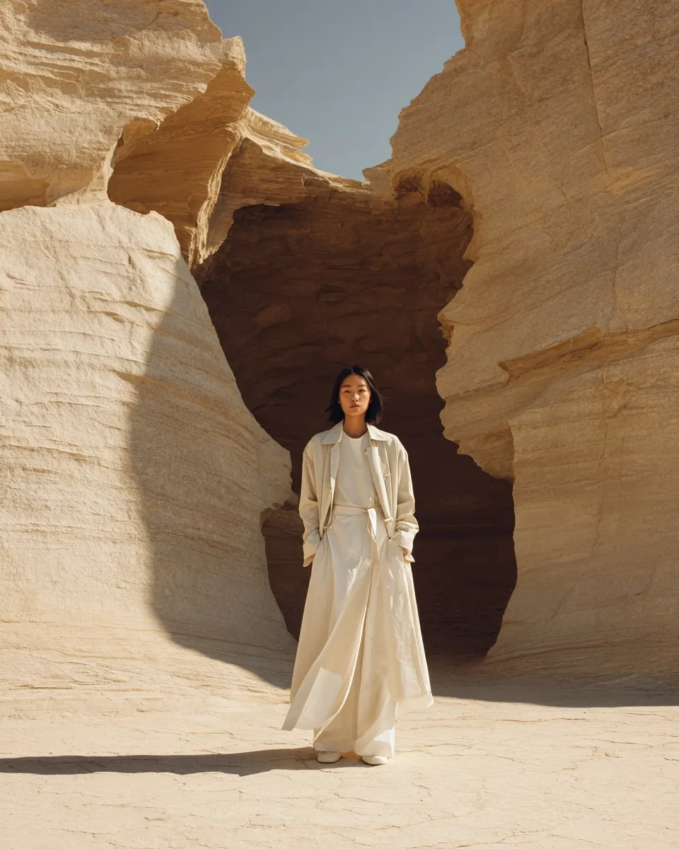 Asian model in a white linen dress and cream trench coat standing before sculptural sandstone desert formations.