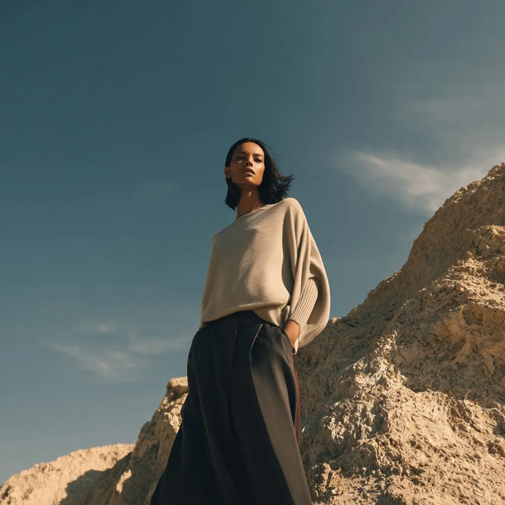 A confident woman in a cashmere sweater and wide-leg trousers standing in the rocky Hatta Mountains, fashion style.