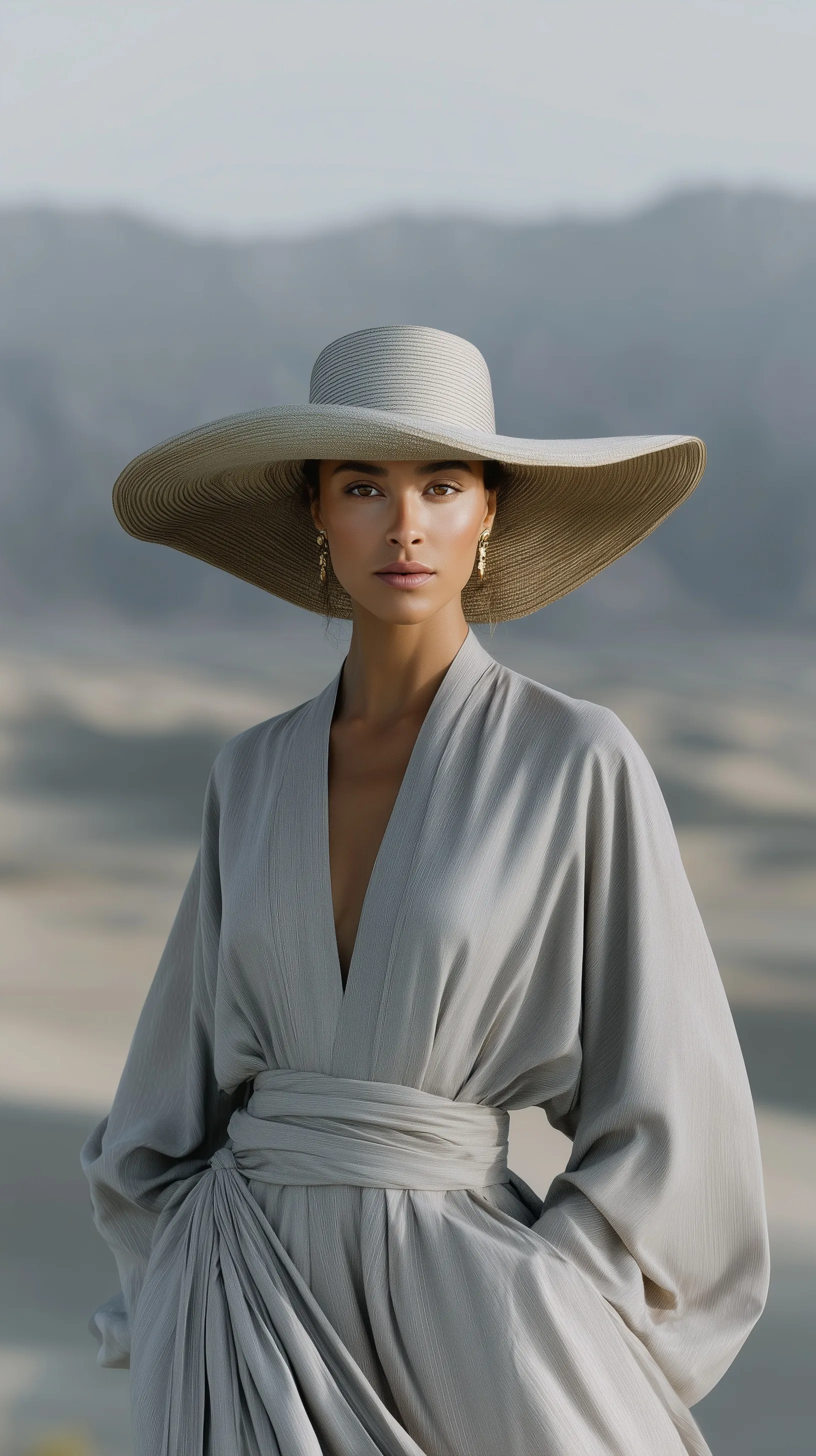 A 50-year-old Middle Eastern woman in a gray linen thobe and hat standing on an empty desert highway at golden hour.
