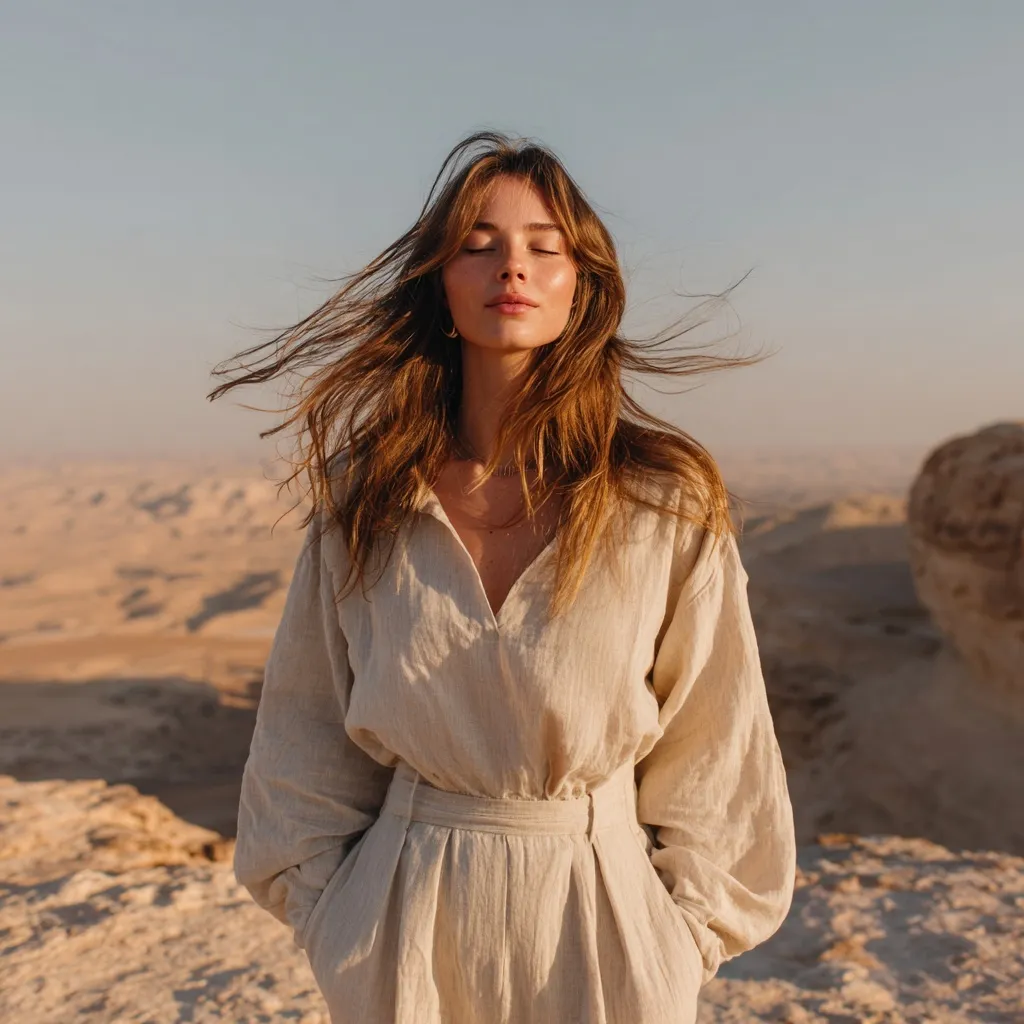A young woman in a beige linen outfit standing on rocky desert hills during a serene golden hour sunset.