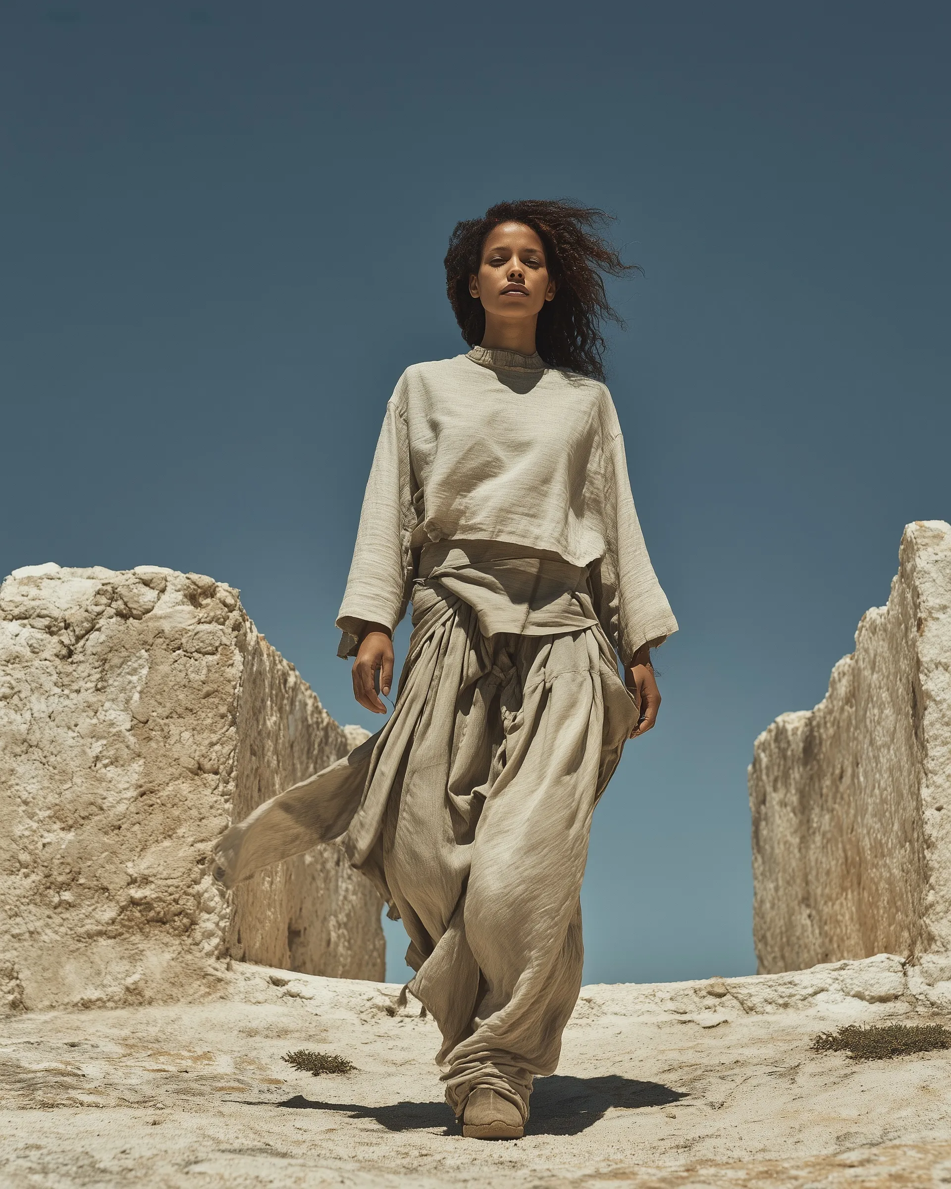North African female model in layered linen sportswear walking through a desert in unretouched editorial photography.