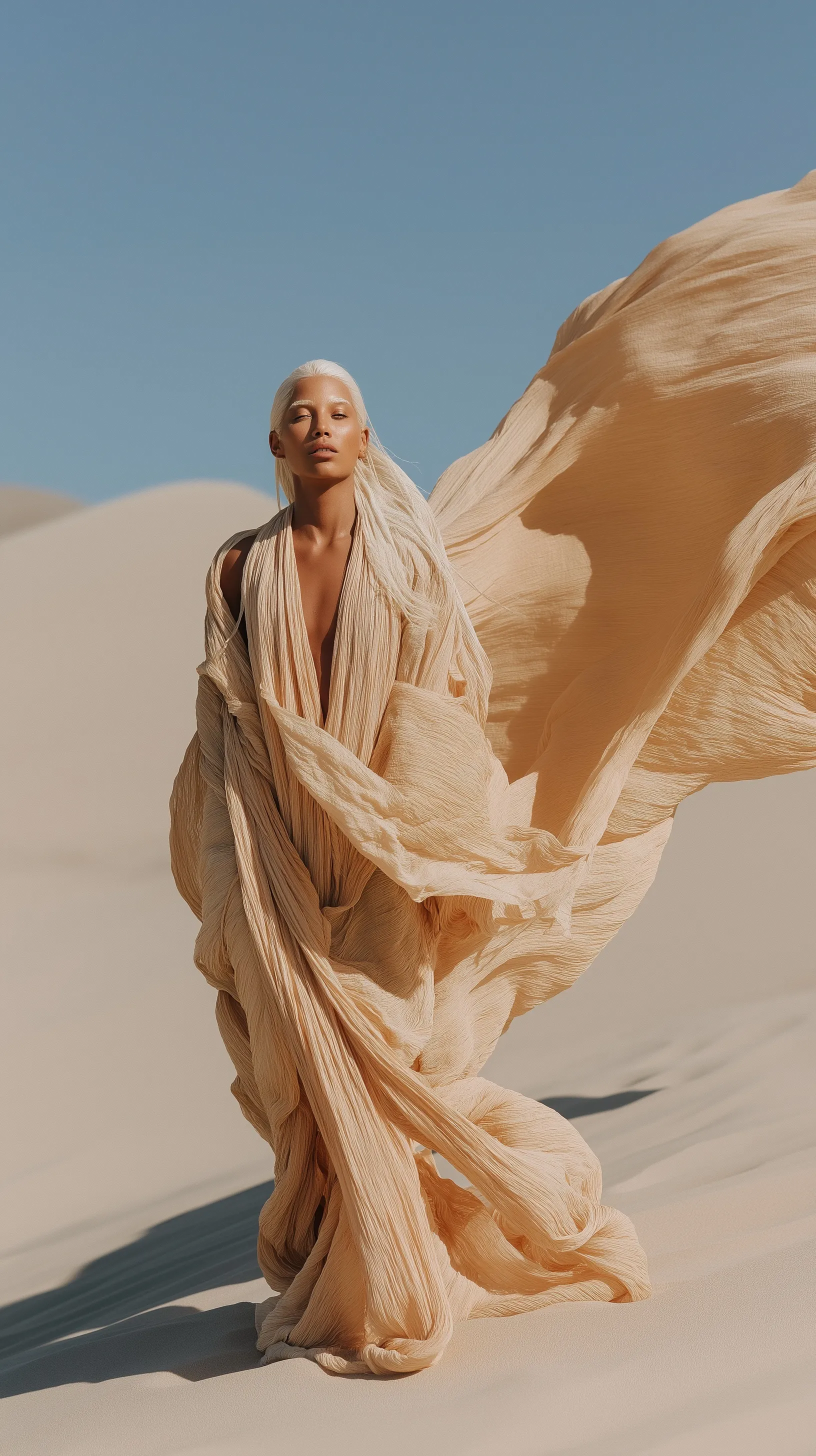 Ethereal woman with long white hair in flowing linen desert attire standing on a sand dune, cinematic fashion shot.