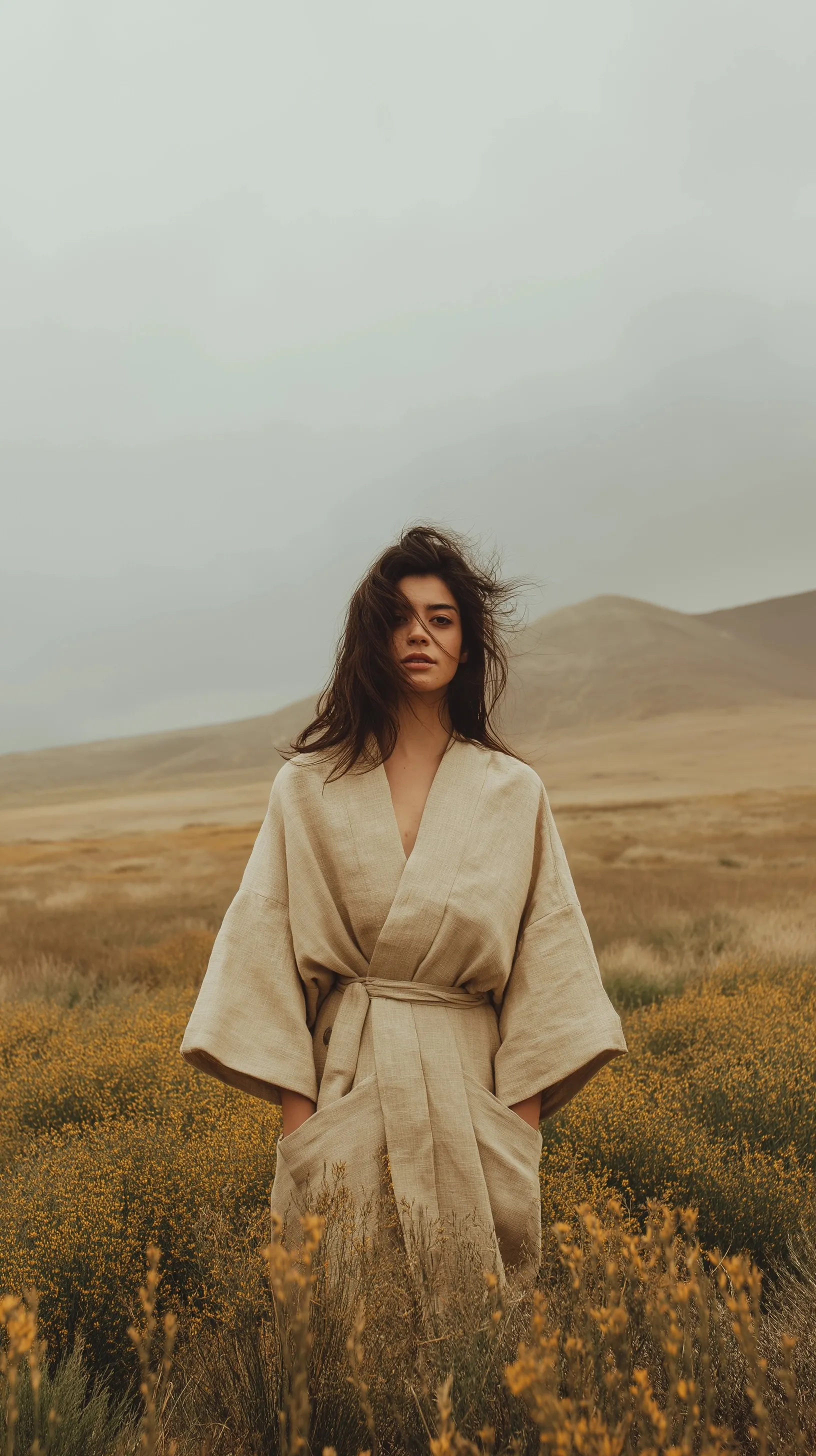 A young woman with dark hair wearing a minimalistic beige linen kimono standing in a bright desert landscape.