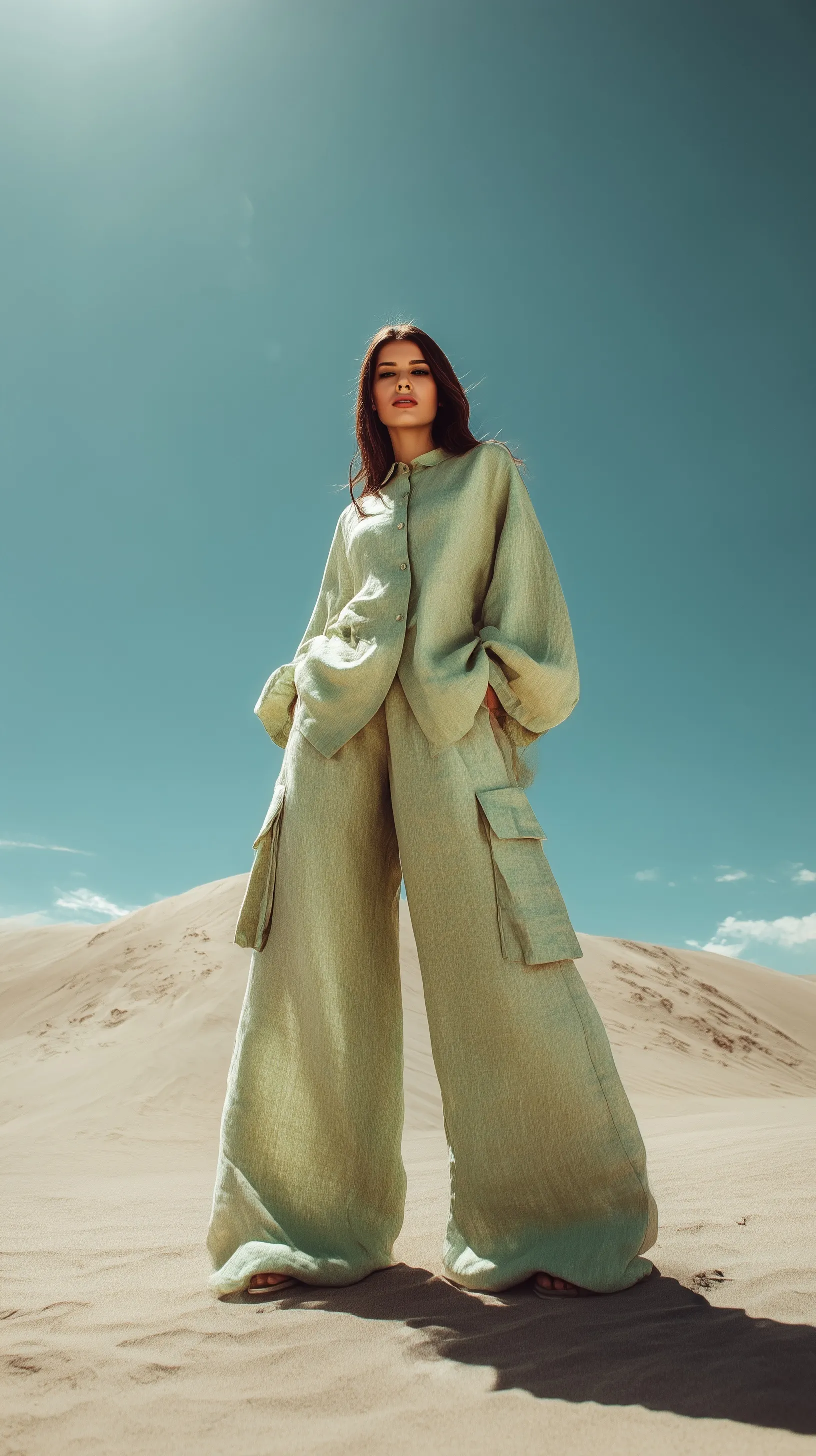 A stylish woman in a light green linen shirt and wide-leg trousers standing in a bright sunny desert landscape.