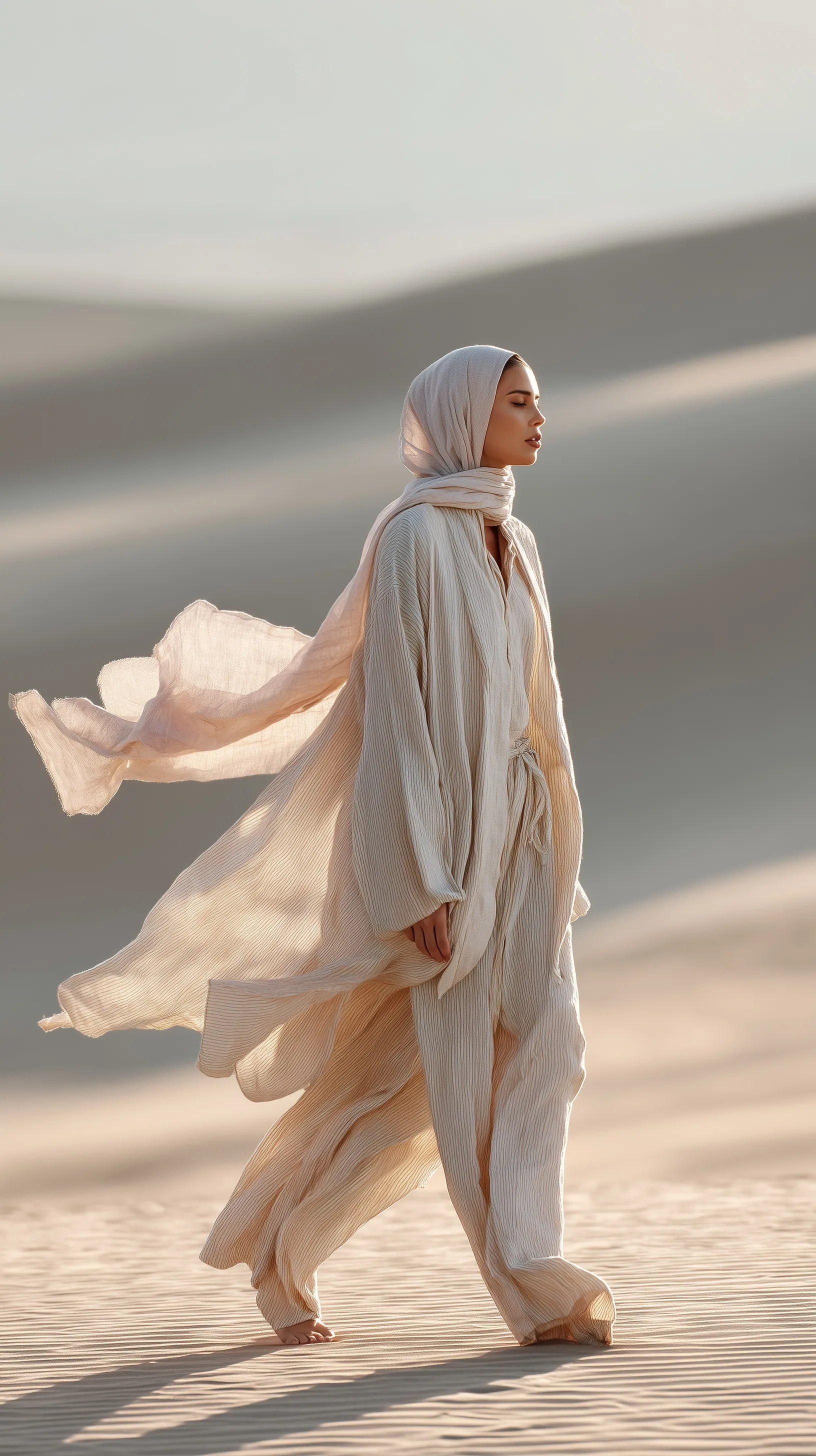 A modest Muslim model in a flowing linen outfit and hijab walking confidently on a desert sand dune runway.