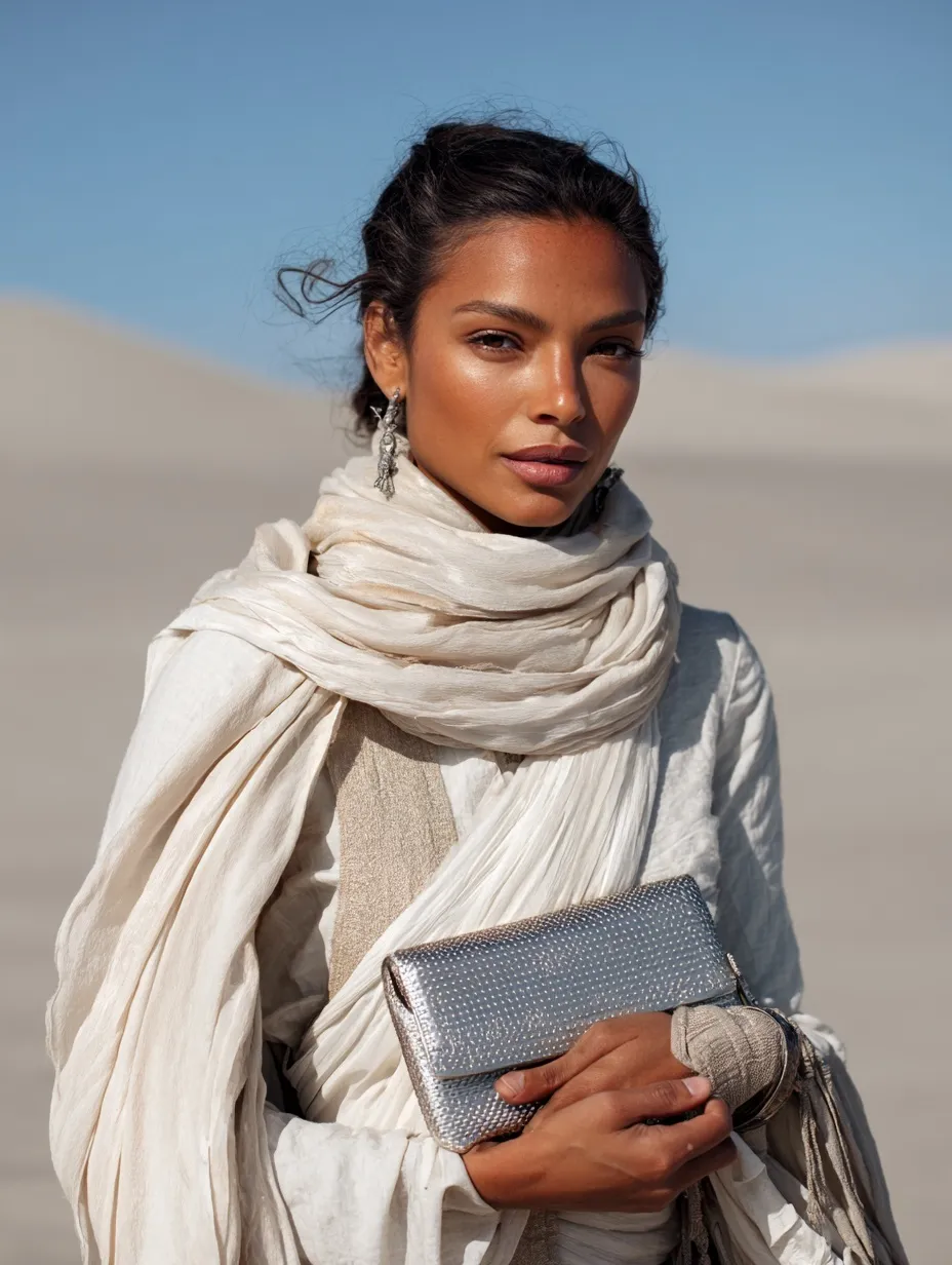 A woman in off-white linen desert attire holding a silver clutch standing amidst grey sand dunes on Tatooine.