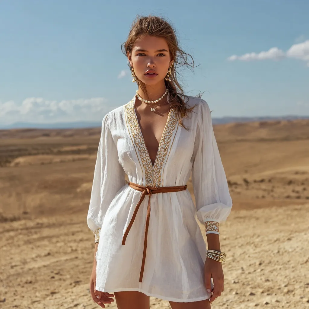 A beautiful model in a white linen bohemian dress and gold jewelry standing barefoot in a desert landscape.