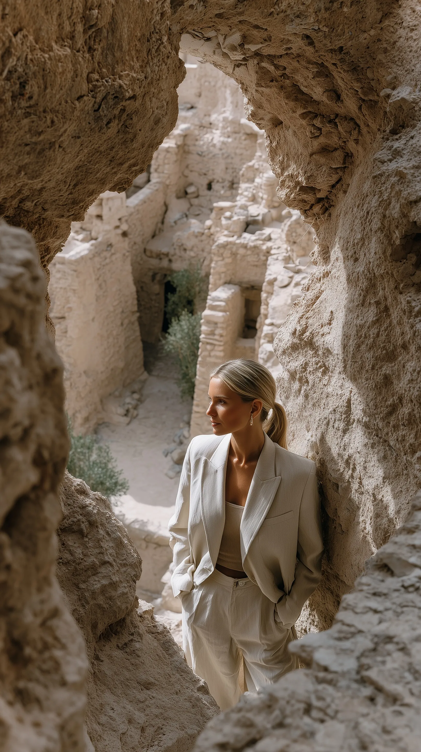 A blonde woman in a white linen suit leaning against an adobe wall in a narrow desert alleyway.