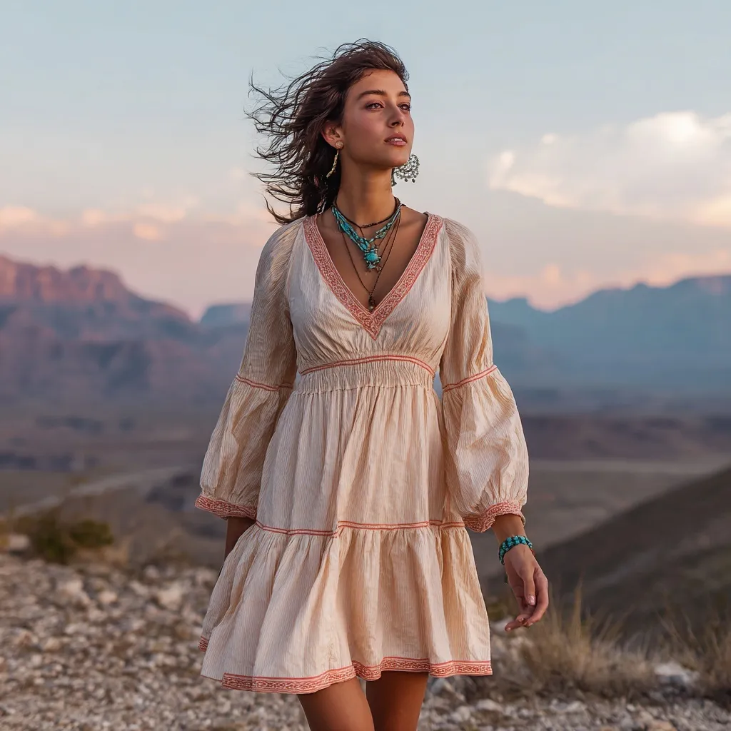 A woman in a sandstone linen tiered dress and turquoise jewelry walking along a Big Bend desert overlook at sunrise.