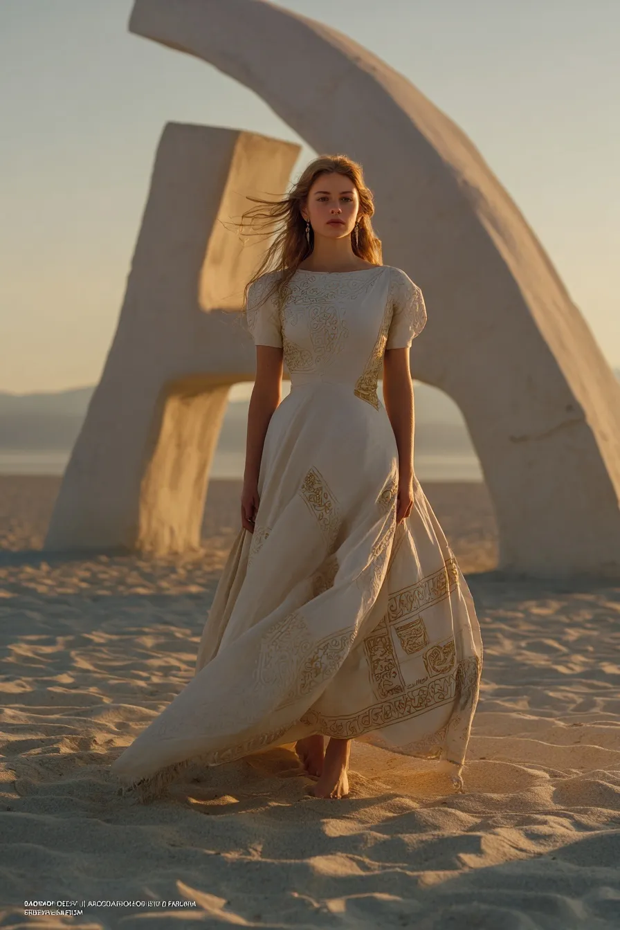A woman in an elegant linen gown standing barefoot on a sandy beach at golden hour next to a sculptural letter A.
