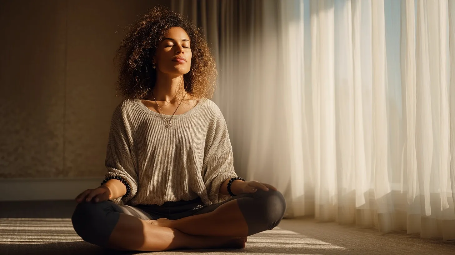 Woman practicing morning mindfulness meditation with a glowing health-tracking pearl bracelet on her yoga mat.