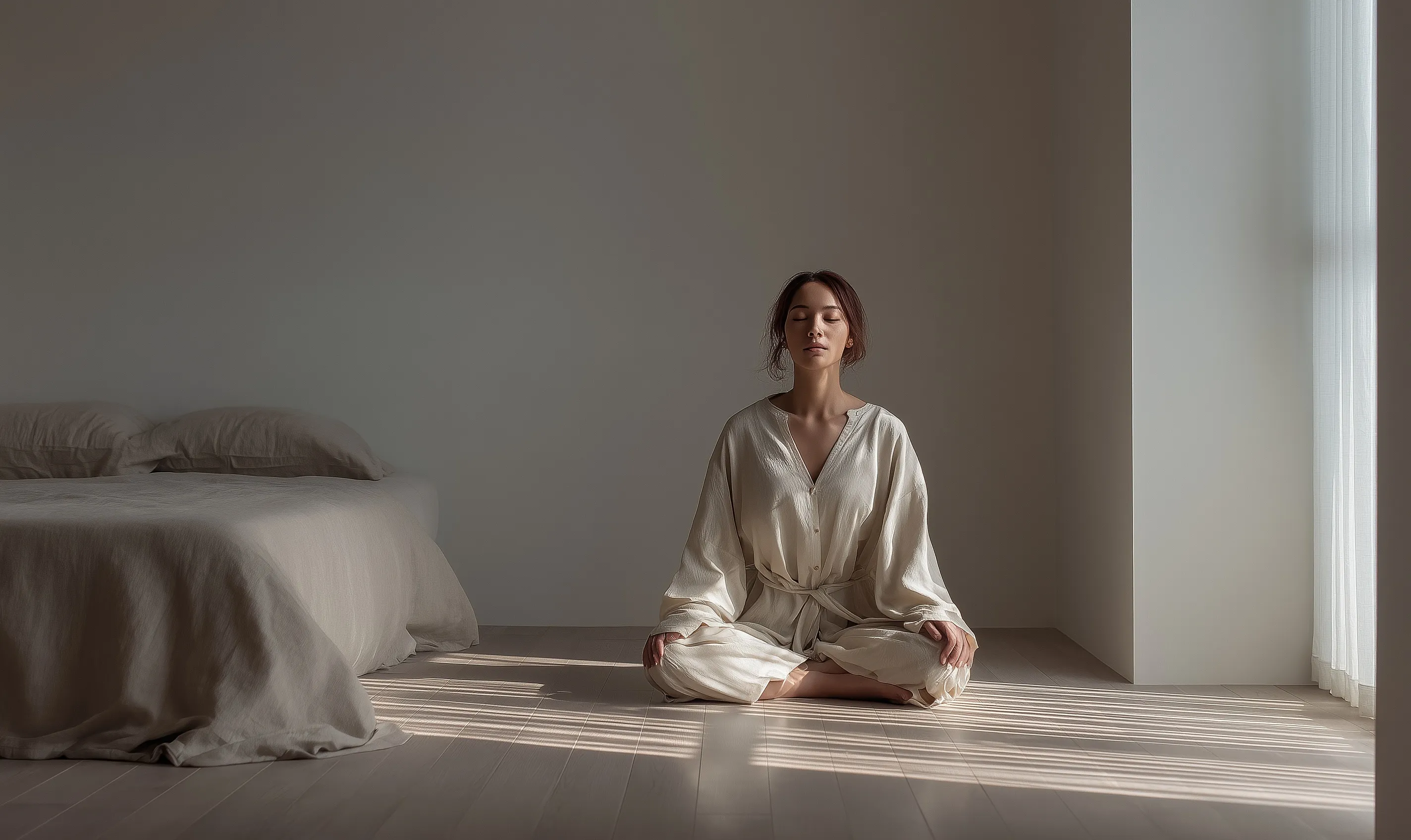 A serene woman practicing meditation in a modern Japanese-style bedroom with minimalist decor and natural light.