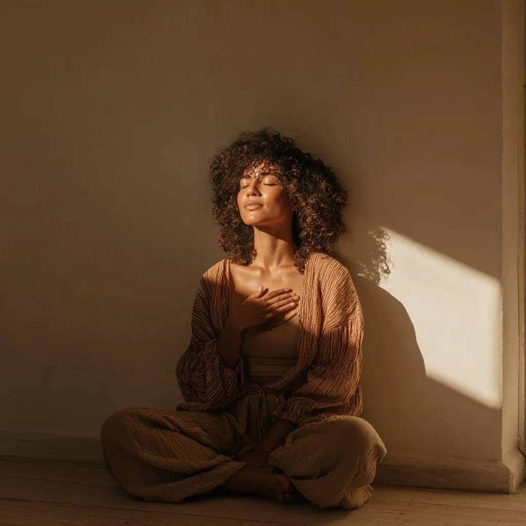 A peaceful woman practicing mindful breathwork and emotional healing while sitting in soft natural morning light.