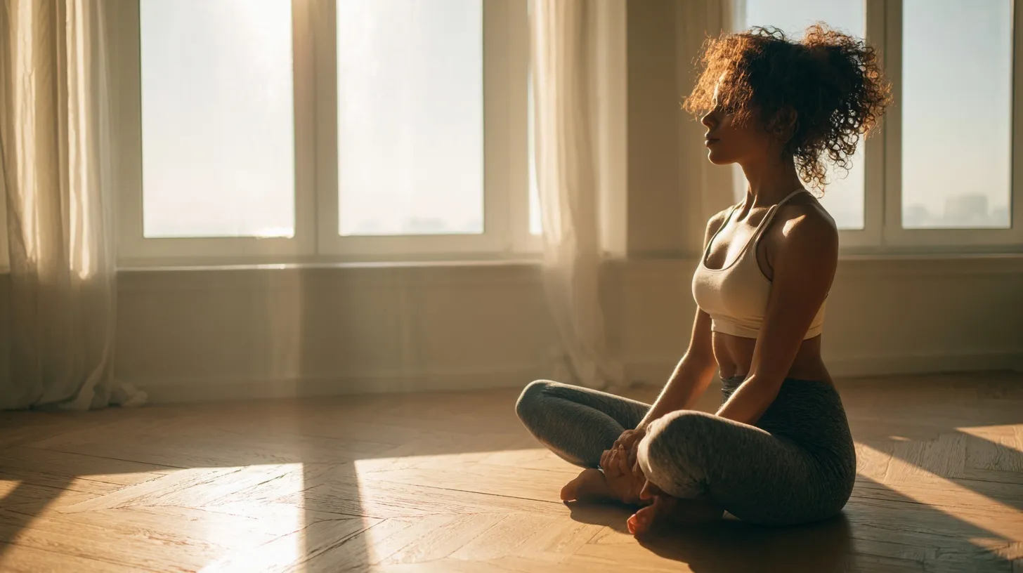 African American woman practicing yoga in a bright, minimalist apartment during soft morning light.