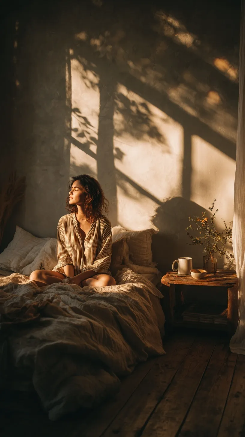 A peaceful woman meditating on a bed in a sunlit, cozy bedroom with a steaming mug and journal.