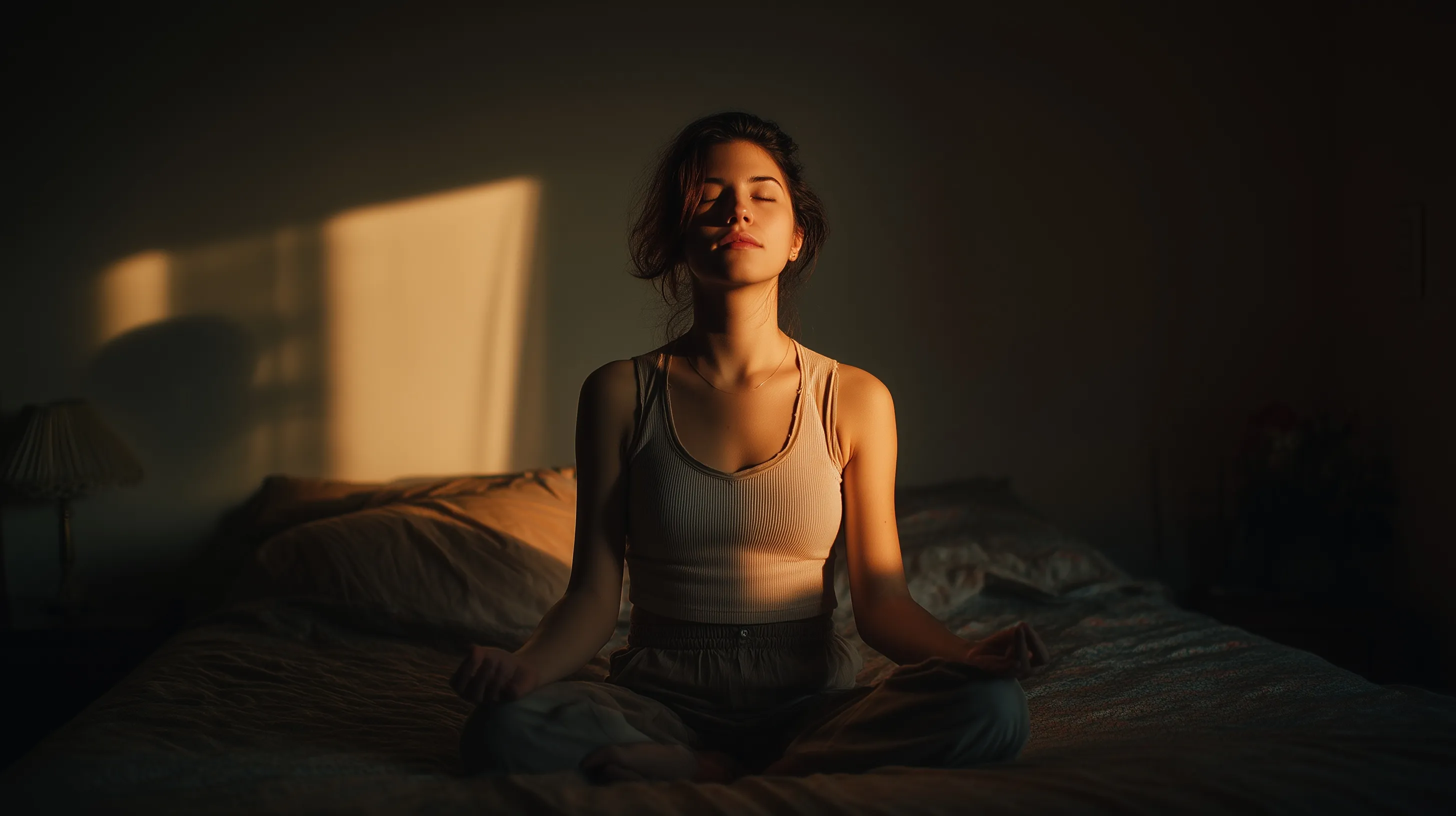 A peaceful woman meditating while sitting cross-legged on a bed in a quiet room with soft warm night lighting.