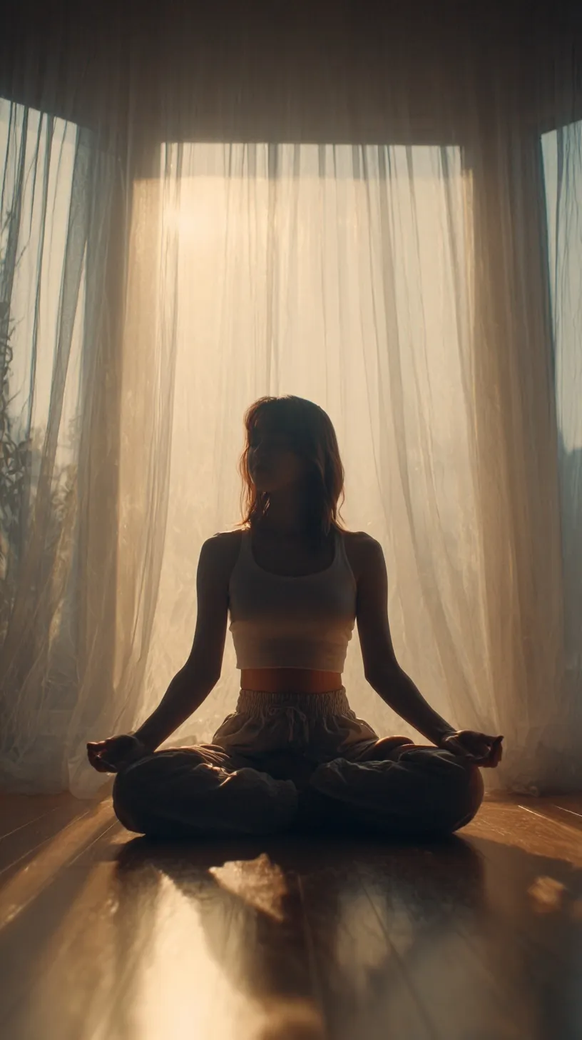 Serene woman practicing morning mindfulness in lotus position in a sunlit, minimalist room with soft dawn light.
