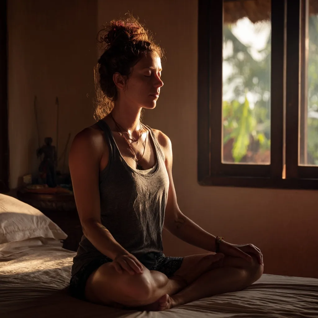 A peaceful woman practicing Yoga Nidra meditation during a mindful morning routine in a sunlit room.