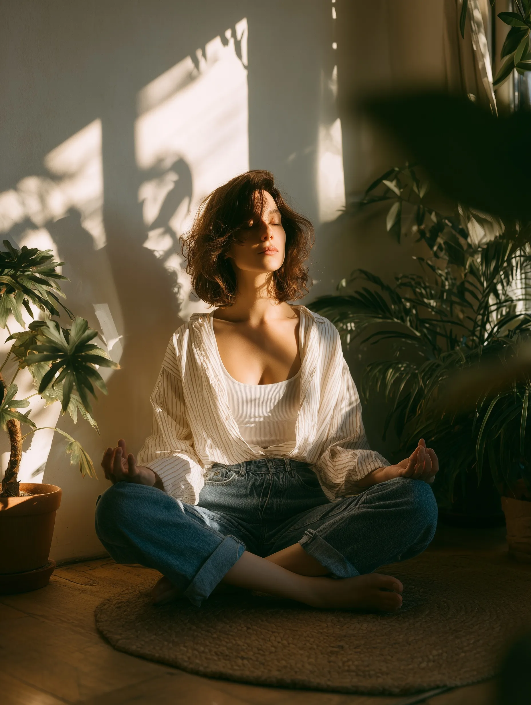 A young woman meditating in a serene, sunlit room filled with plants, practicing mindfulness in casual attire.