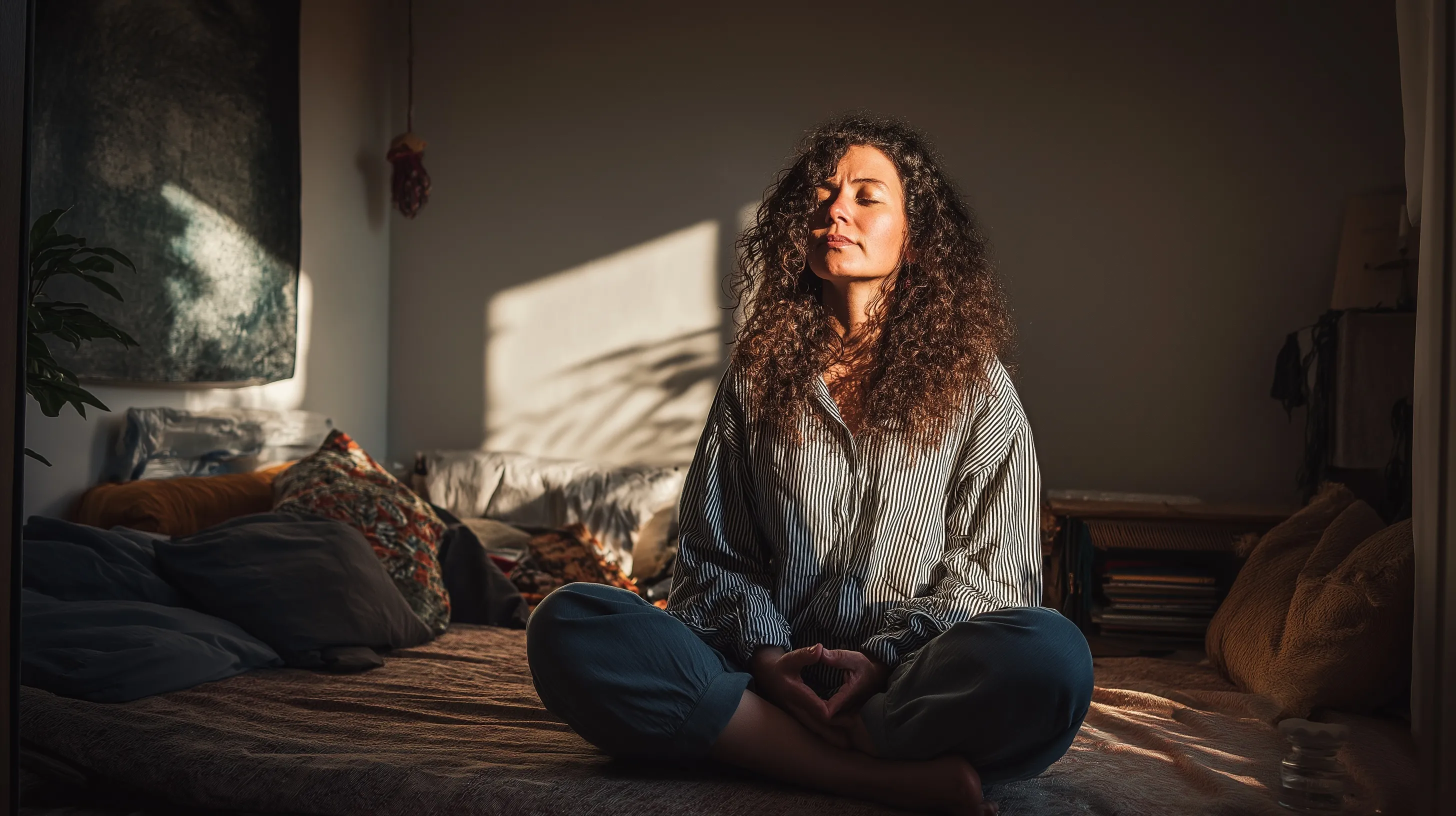 A 50-year-old woman meditating on her bedroom floor during a calm, sunny morning with eyes closed.