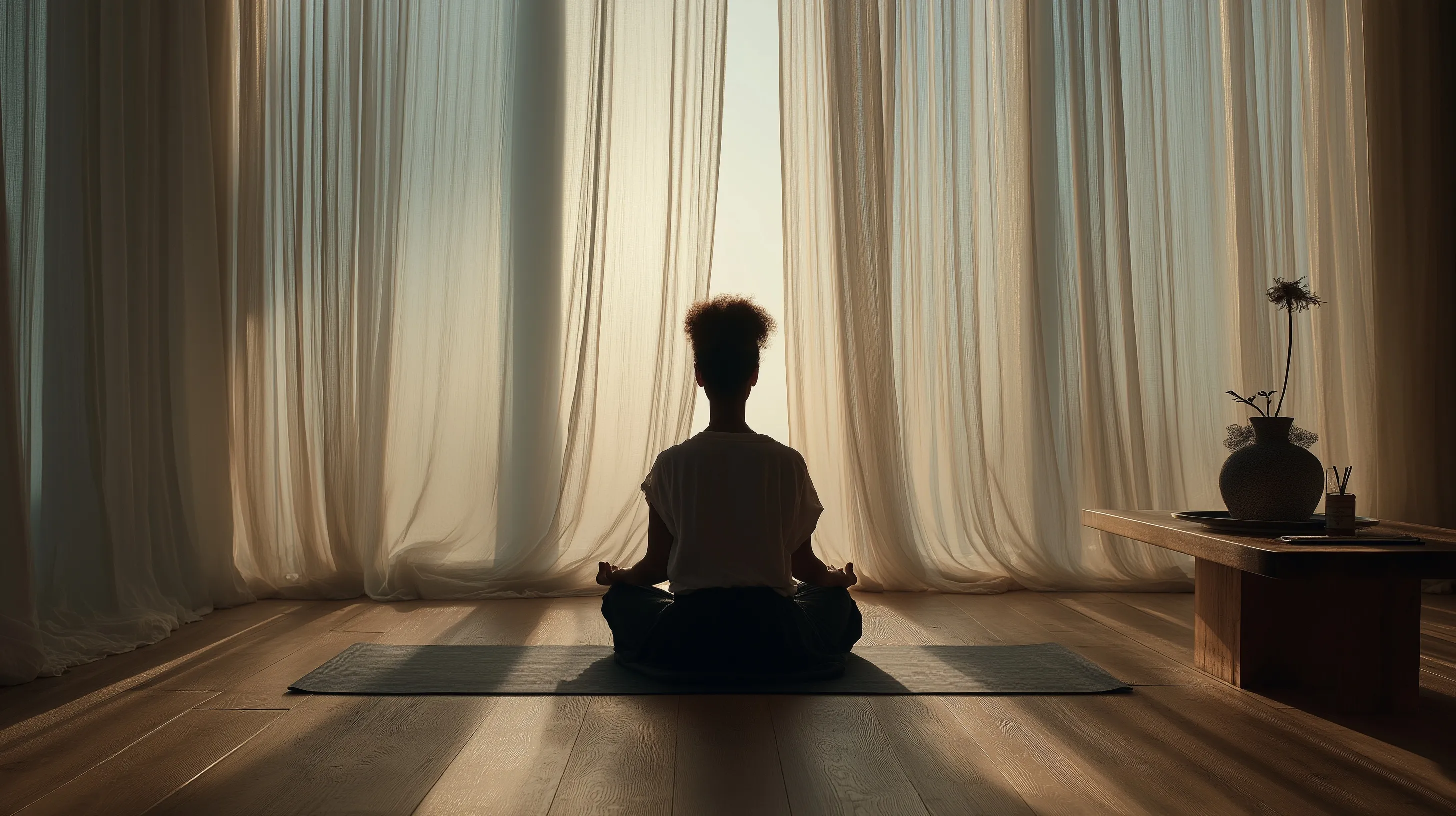 A woman practicing mindful yoga and meditation in a sunlit, minimalist room with warm morning light.