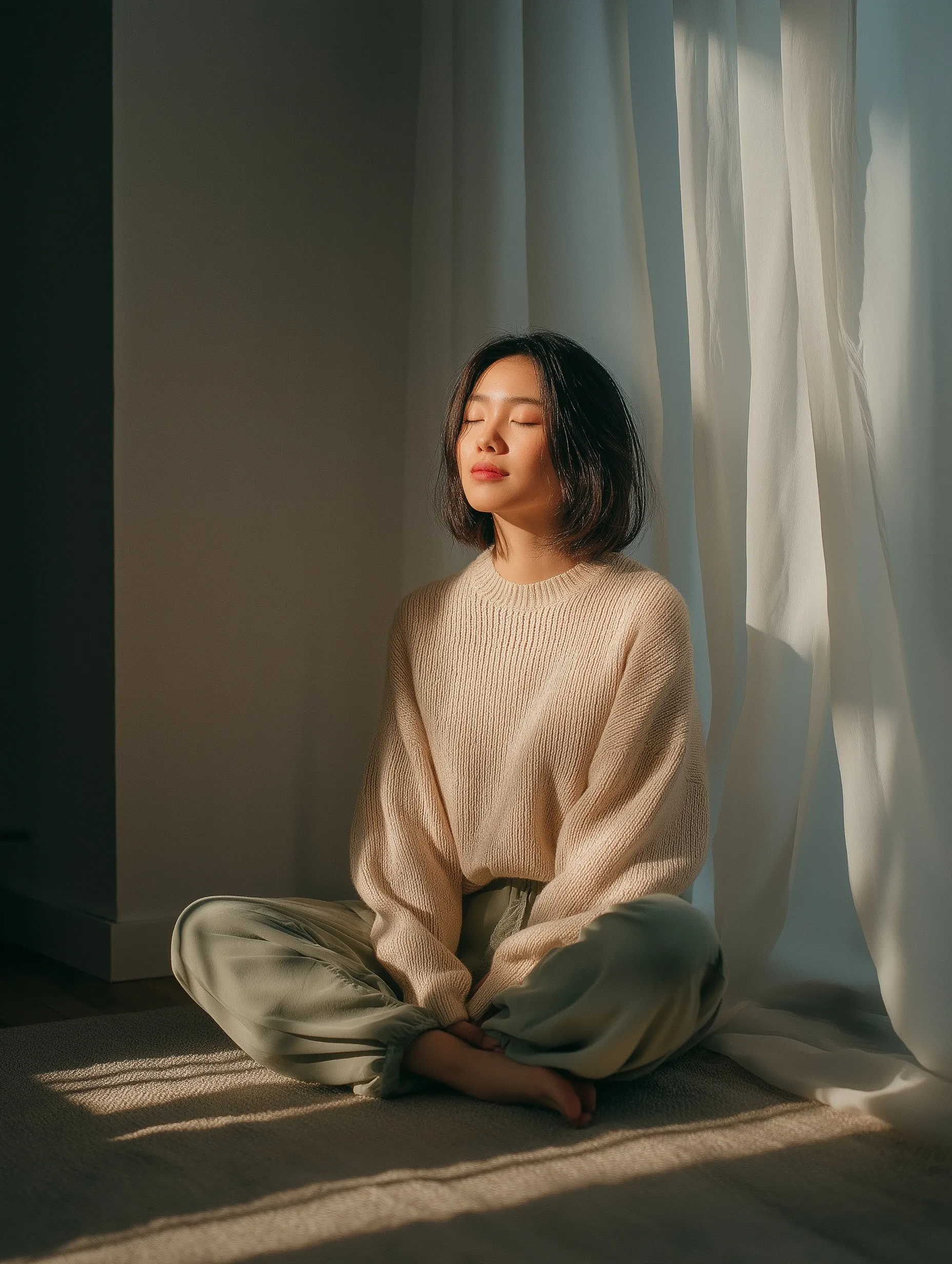 Asian woman practicing morning mindfulness in a minimal sunlit room wearing a cozy beige sweater and sage pants.