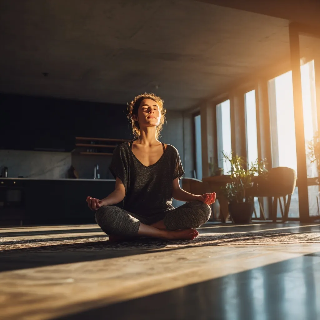 A young woman meditating in a bright, modern living room with natural sunlight, representing mindfulness and peace.