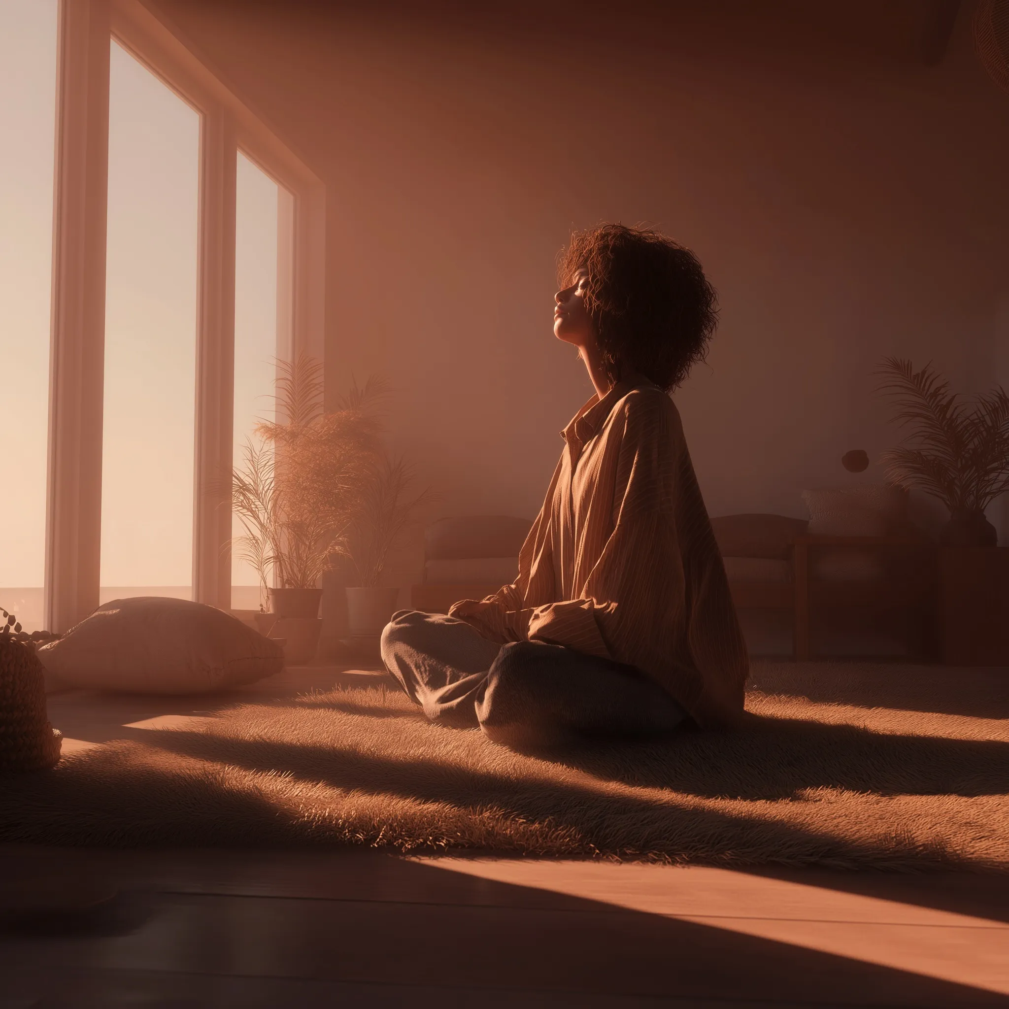 A woman meditating in a serene, warm-toned room with soft beige and woody decor for a mindful morning practice.
