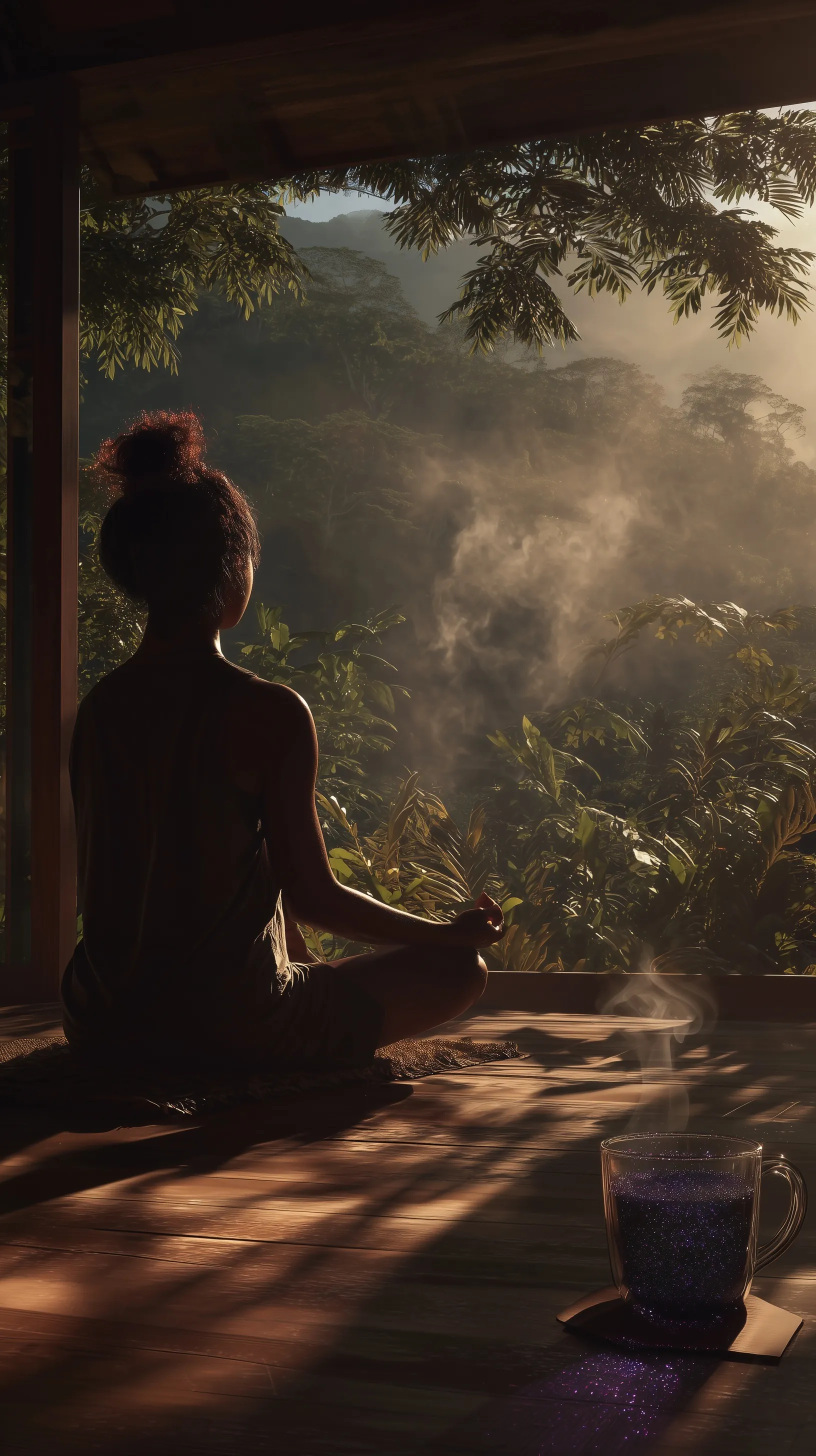 Jamaican woman practicing yoga at sunrise in a misty forest studio with a steaming cup of tea.