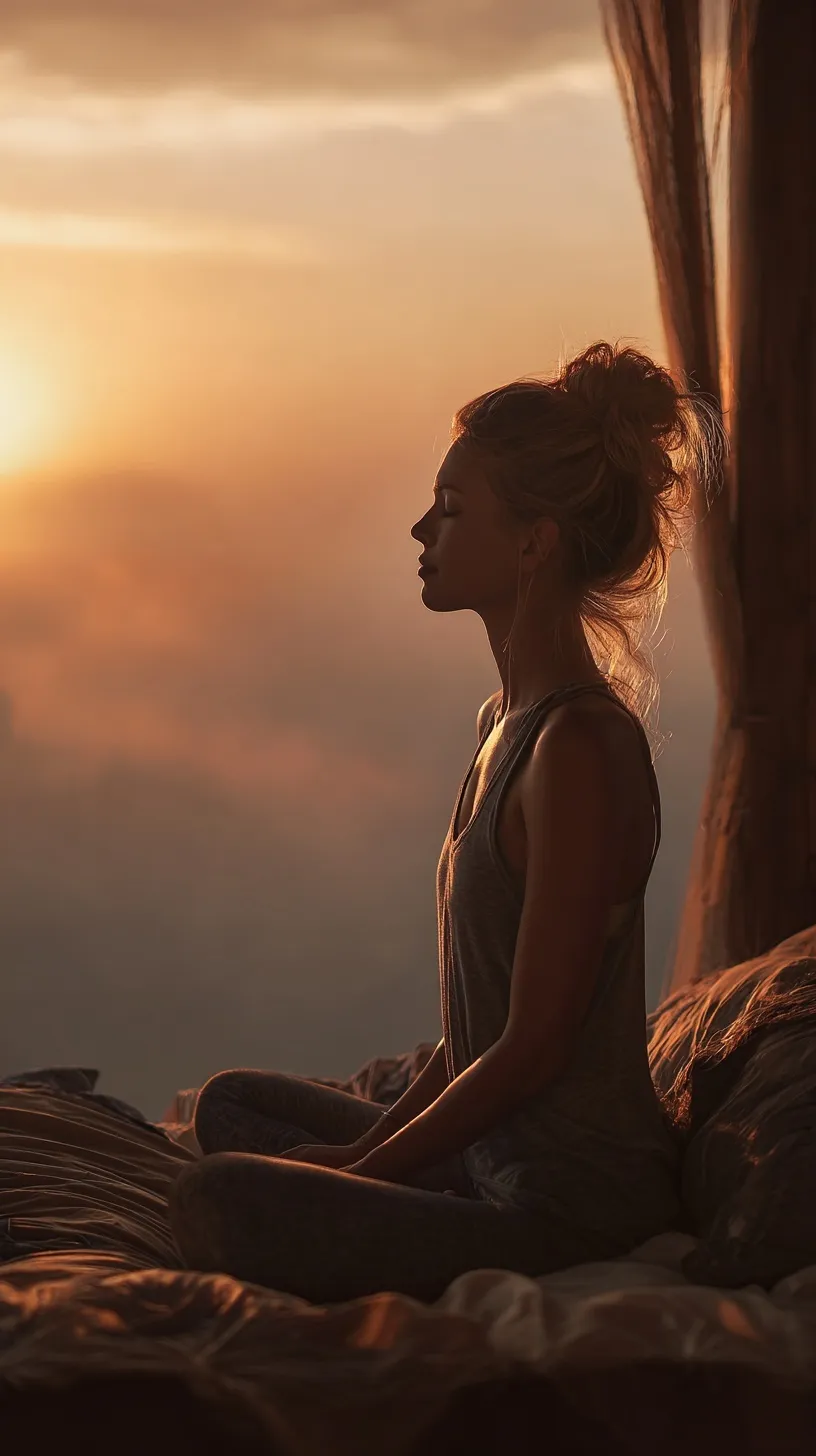 A peaceful woman practicing morning meditation and mindfulness in a sunlit room for mental wellness.