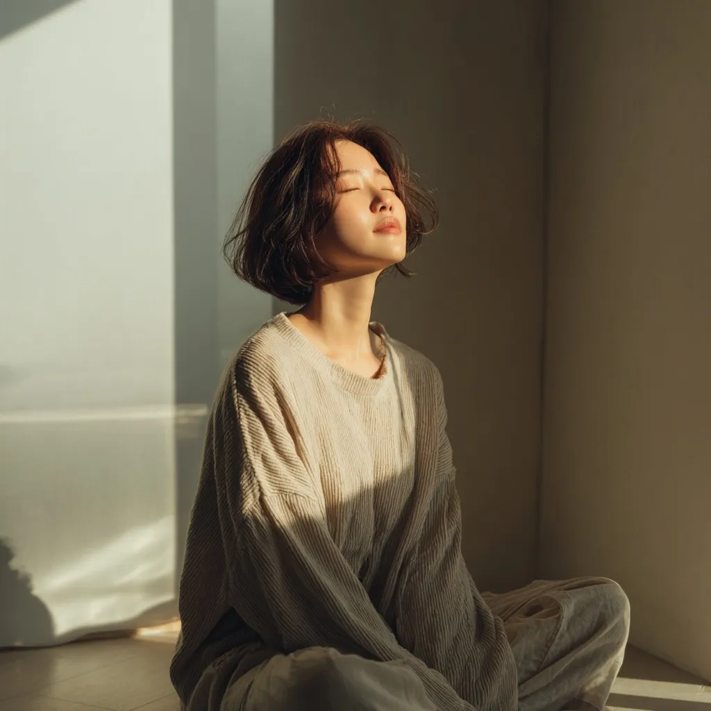 A young Korean woman practicing mindfulness by a window in a minimalist room with soft natural sunlight.