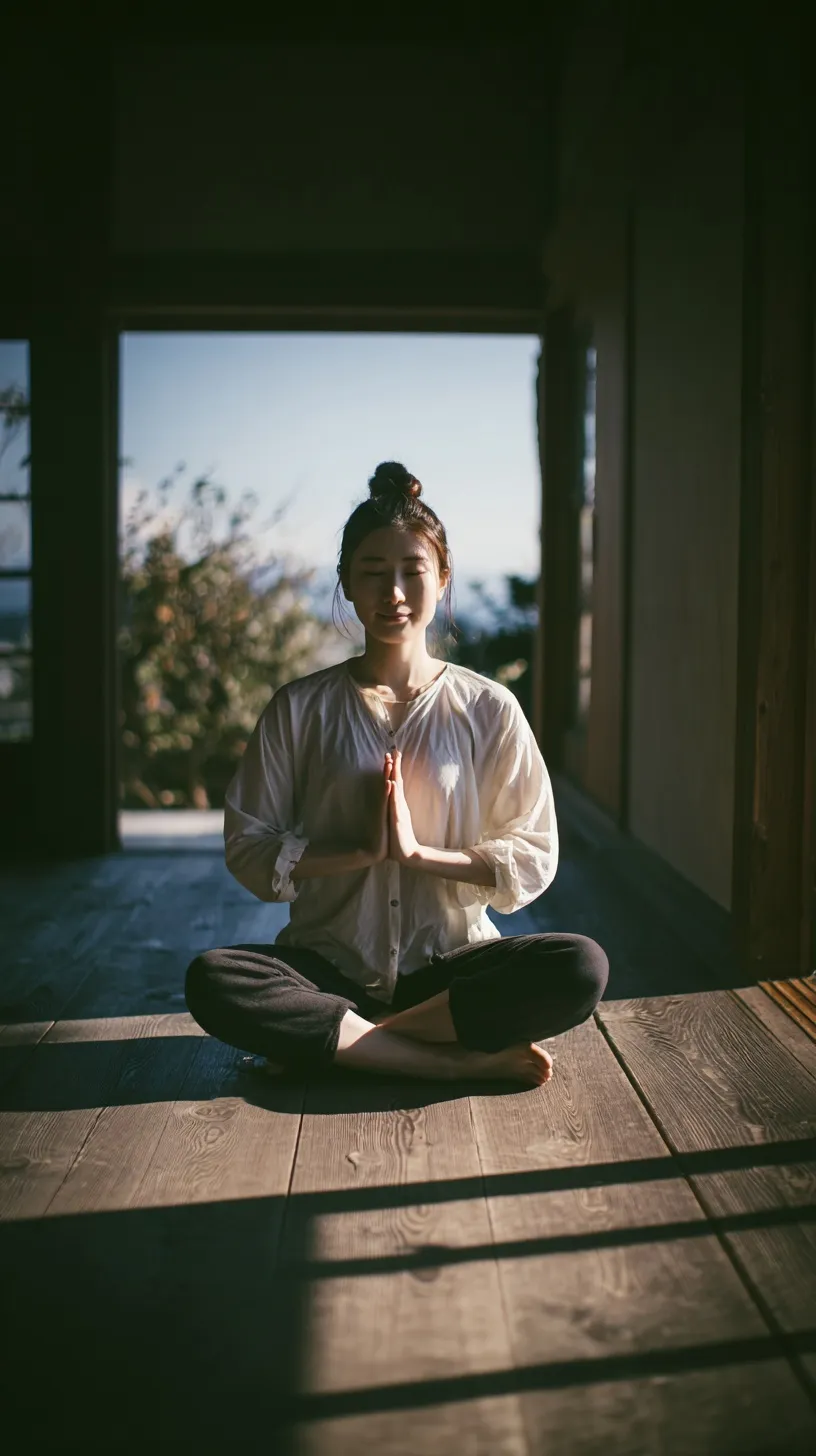 A Japanese woman practicing yoga and mindfulness during a peaceful morning routine at home.