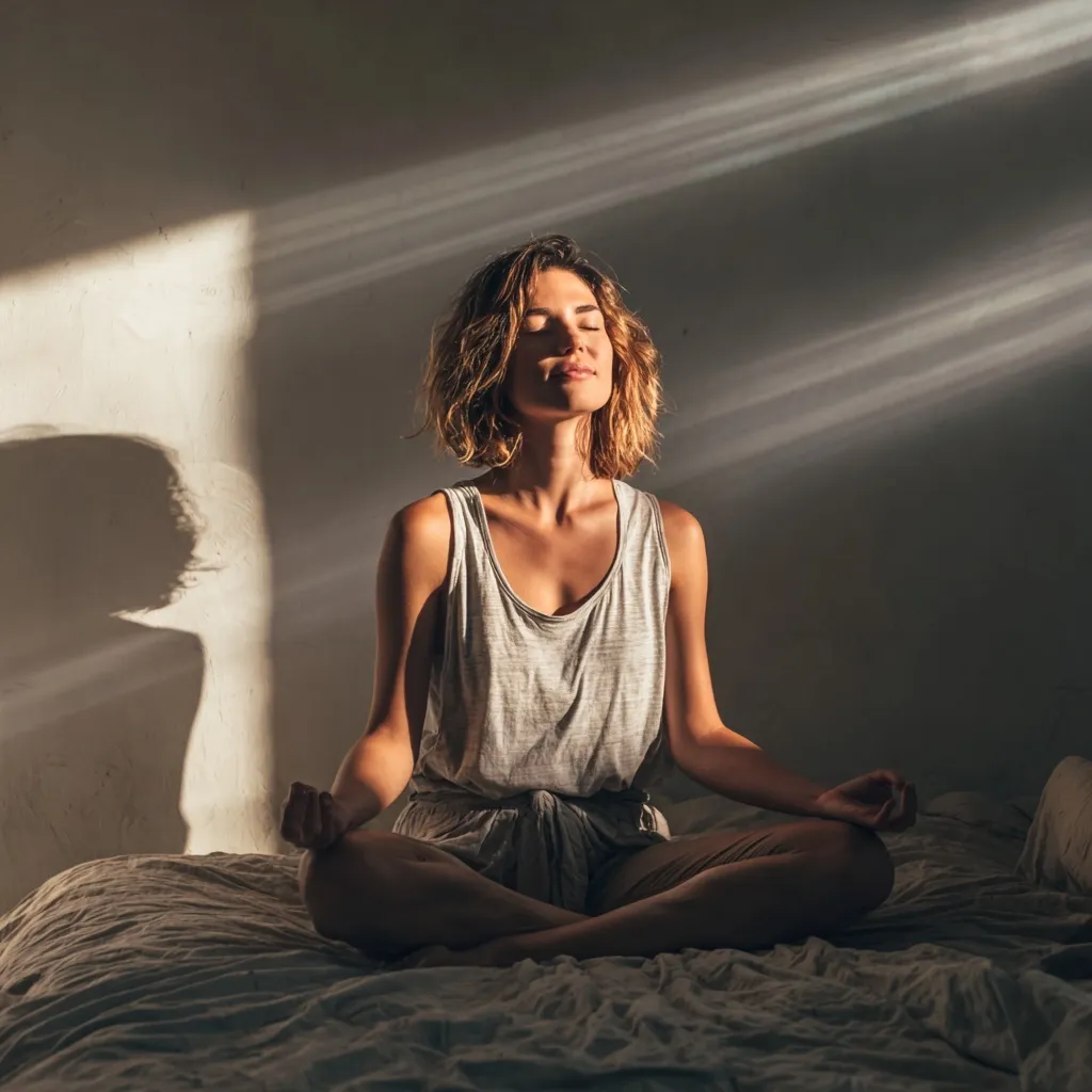 A peaceful woman practicing guided meditation during a calm, sunlit morning to release stress and invite gratitude.