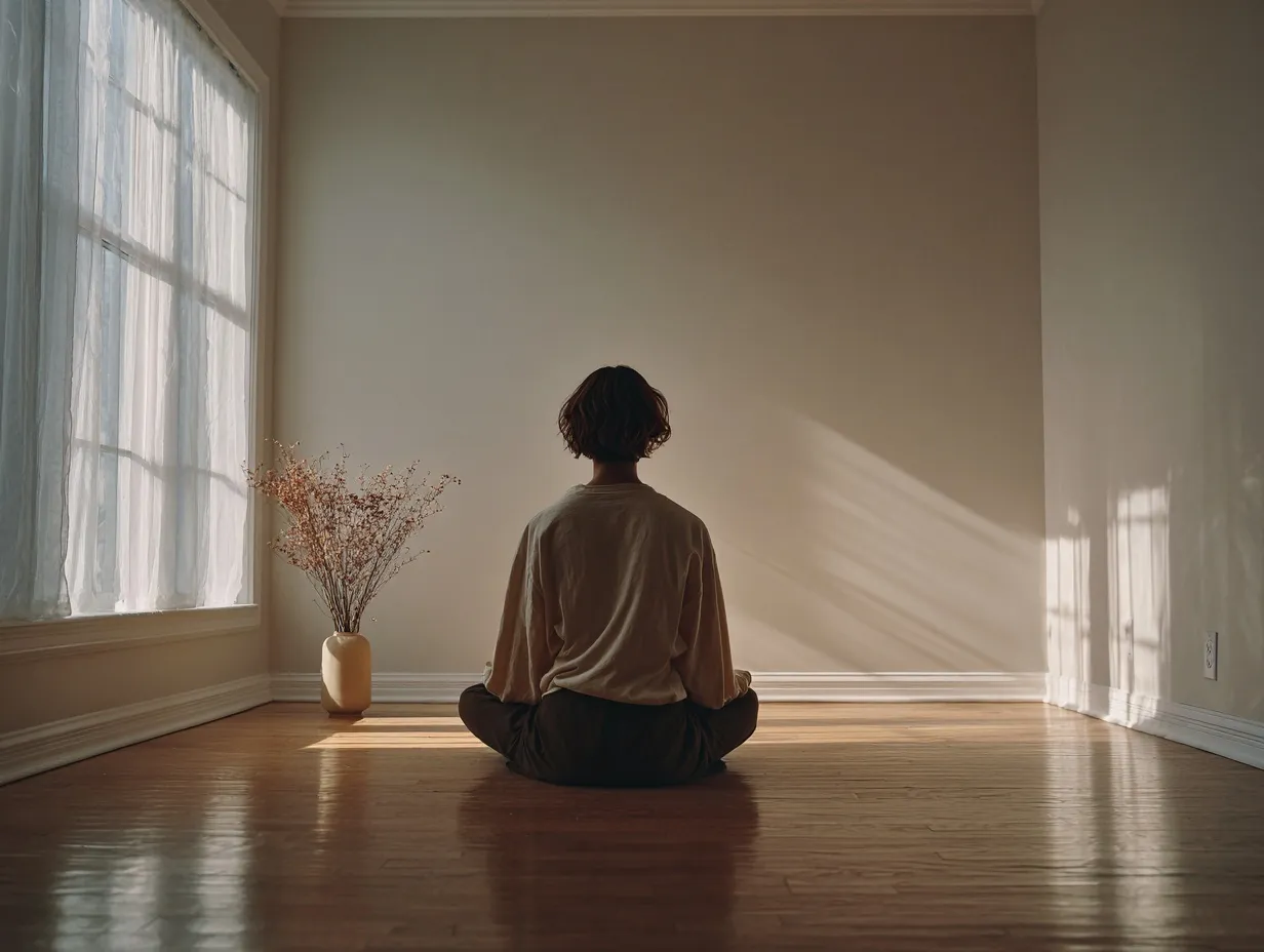 A peaceful woman meditating in a minimal room with soft natural morning light and neutral tones.