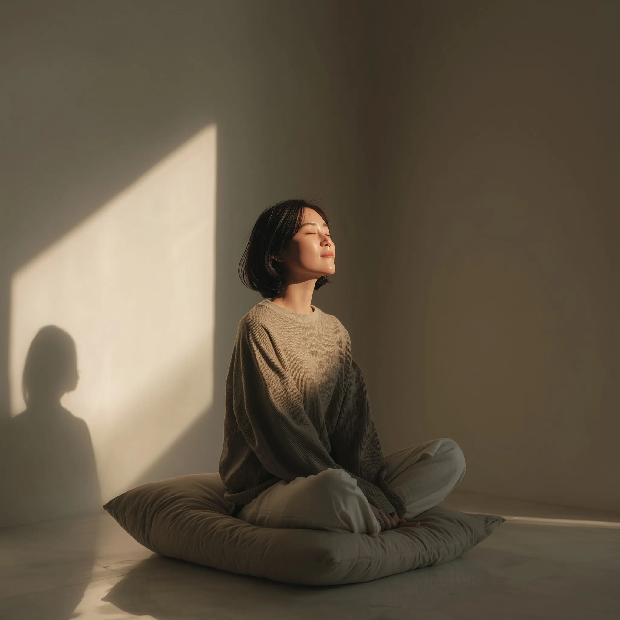 A young Asian woman meditating on a floor cushion in a clean, minimal light-toned space with a soft energy glow.