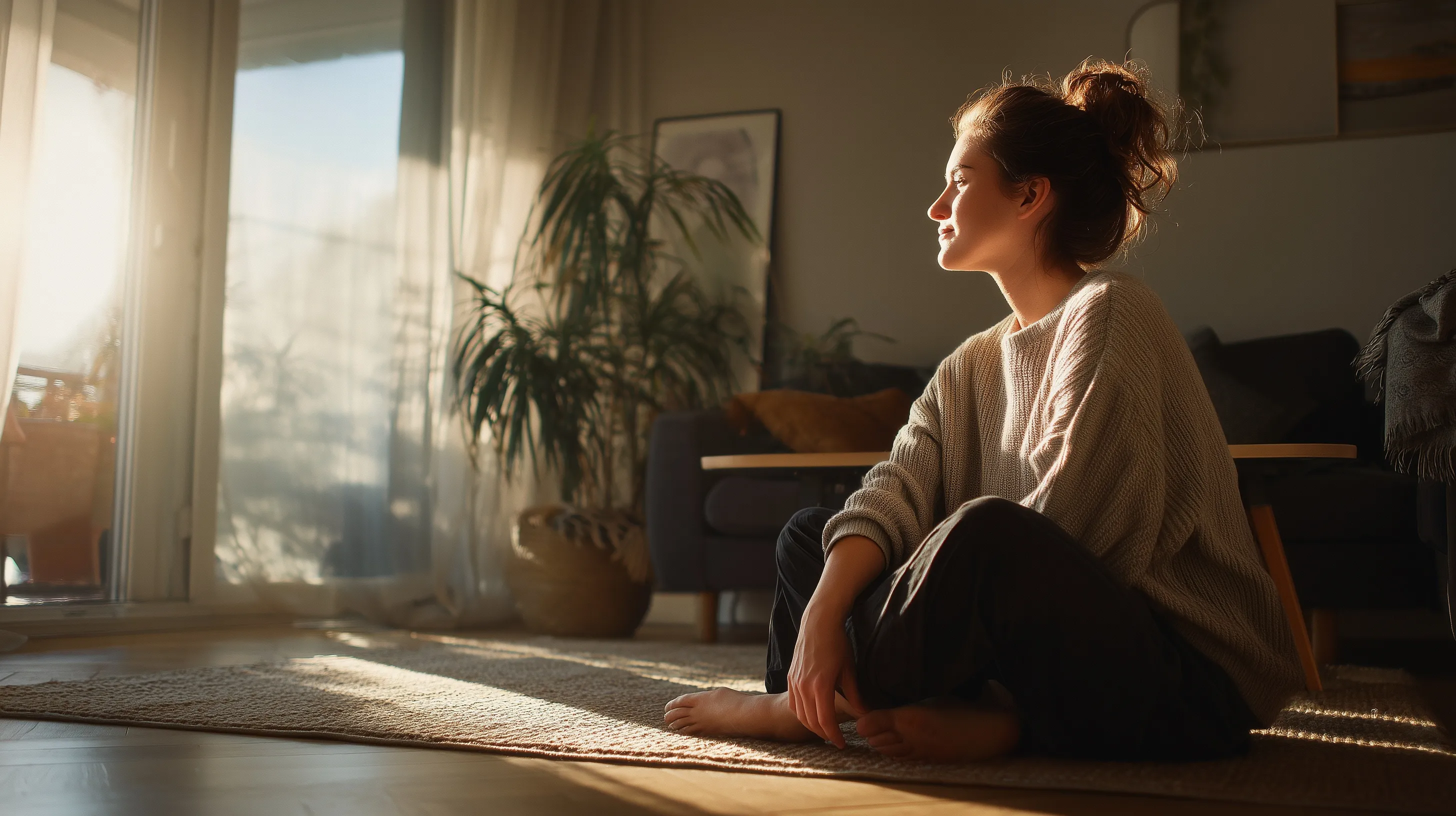 A relaxed woman practicing mindfulness in a sunlit, peaceful, and tidy living room.