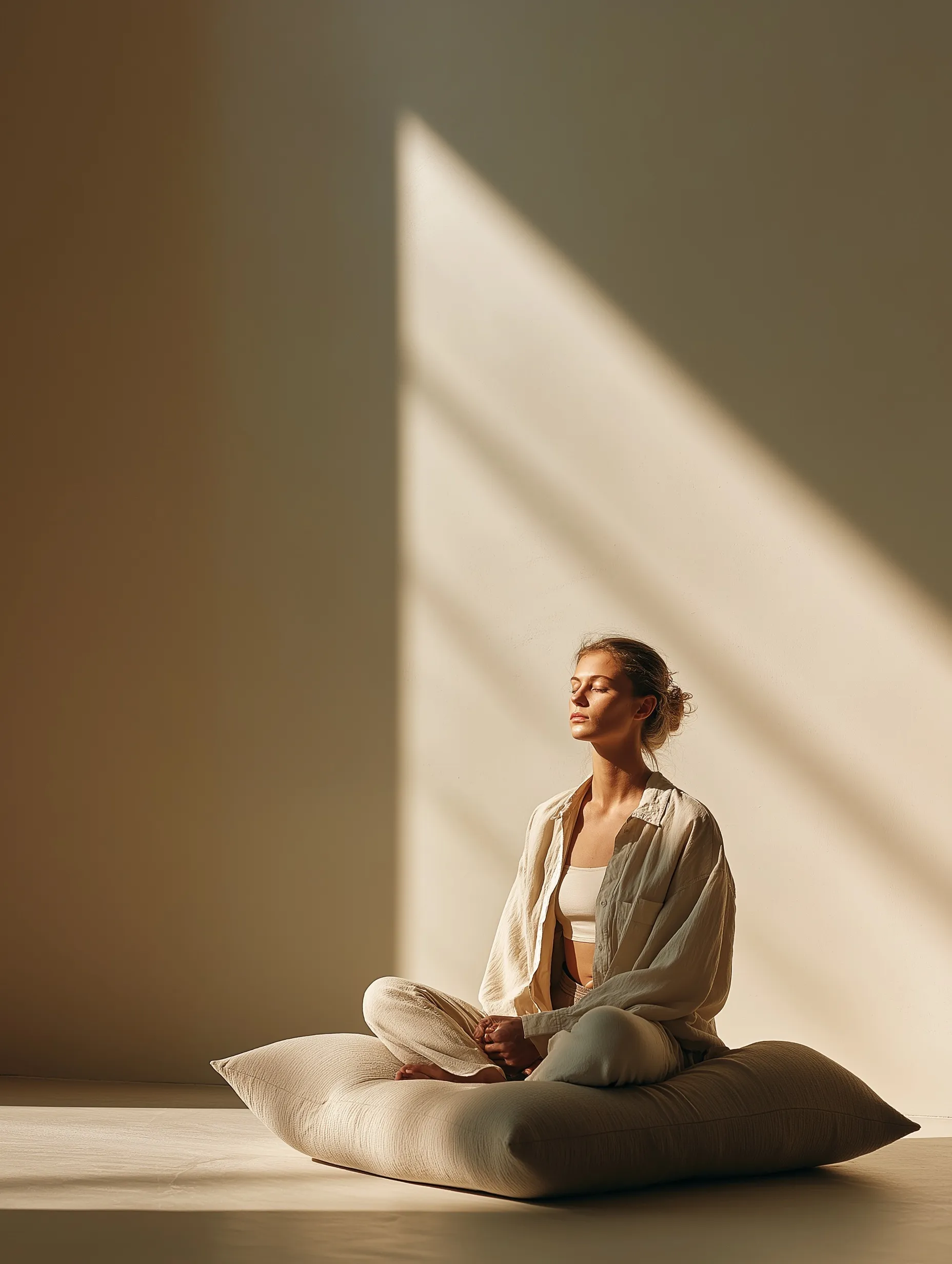 A peaceful woman meditating in a minimalist sunlit room with ample negative space for text and copy.