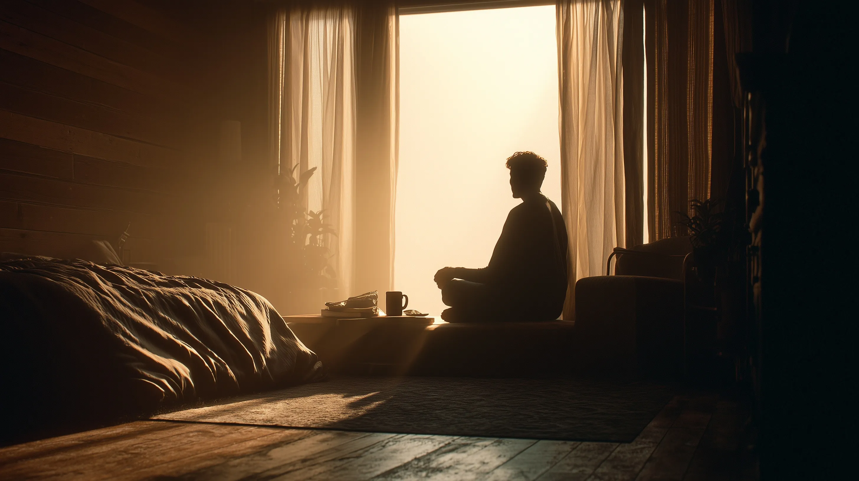 A woman sits meditatively with a coffee mug in a sunlit minimalist apartment at sunrise, cinematic film style.
