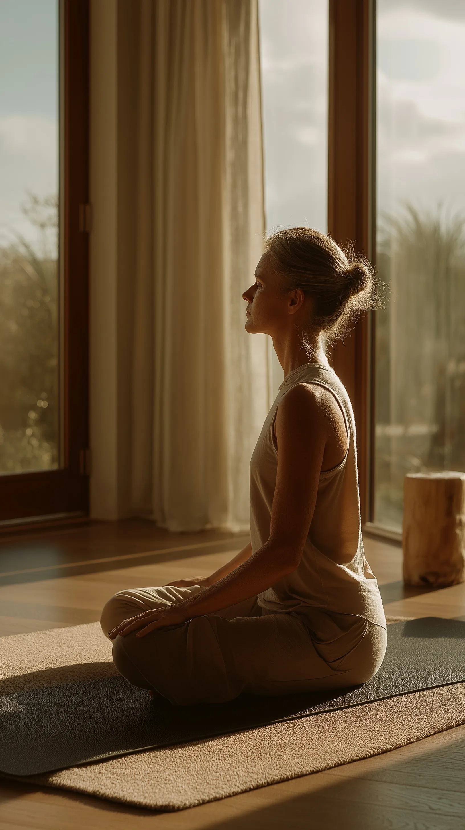 A woman in calm, neutral interiors practicing mindful pilates with perfect posture and natural morning sunlight.