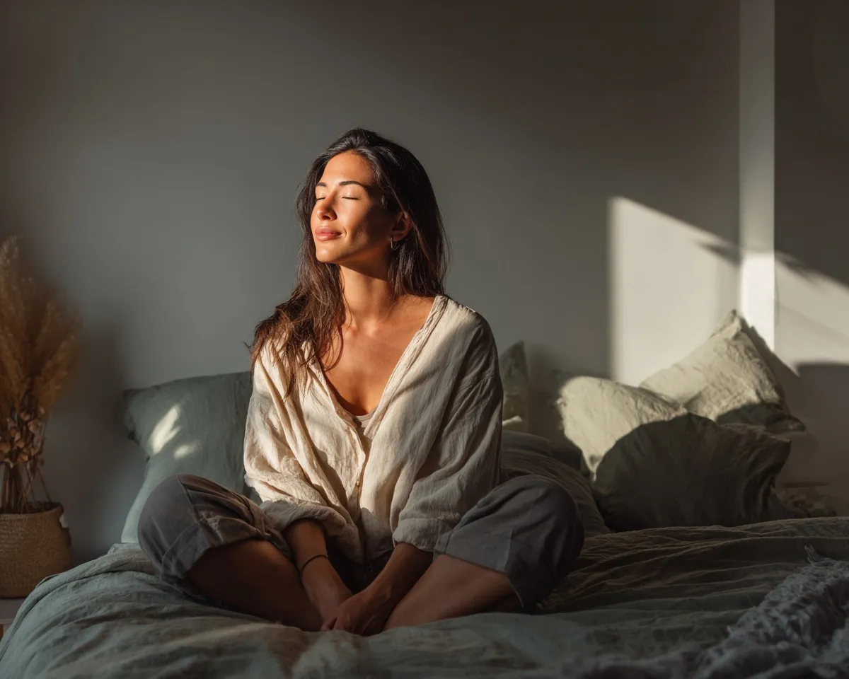 A peaceful Latina woman practicing mindfulness in a modern bedroom with natural light and a calm wellness atmosphere.