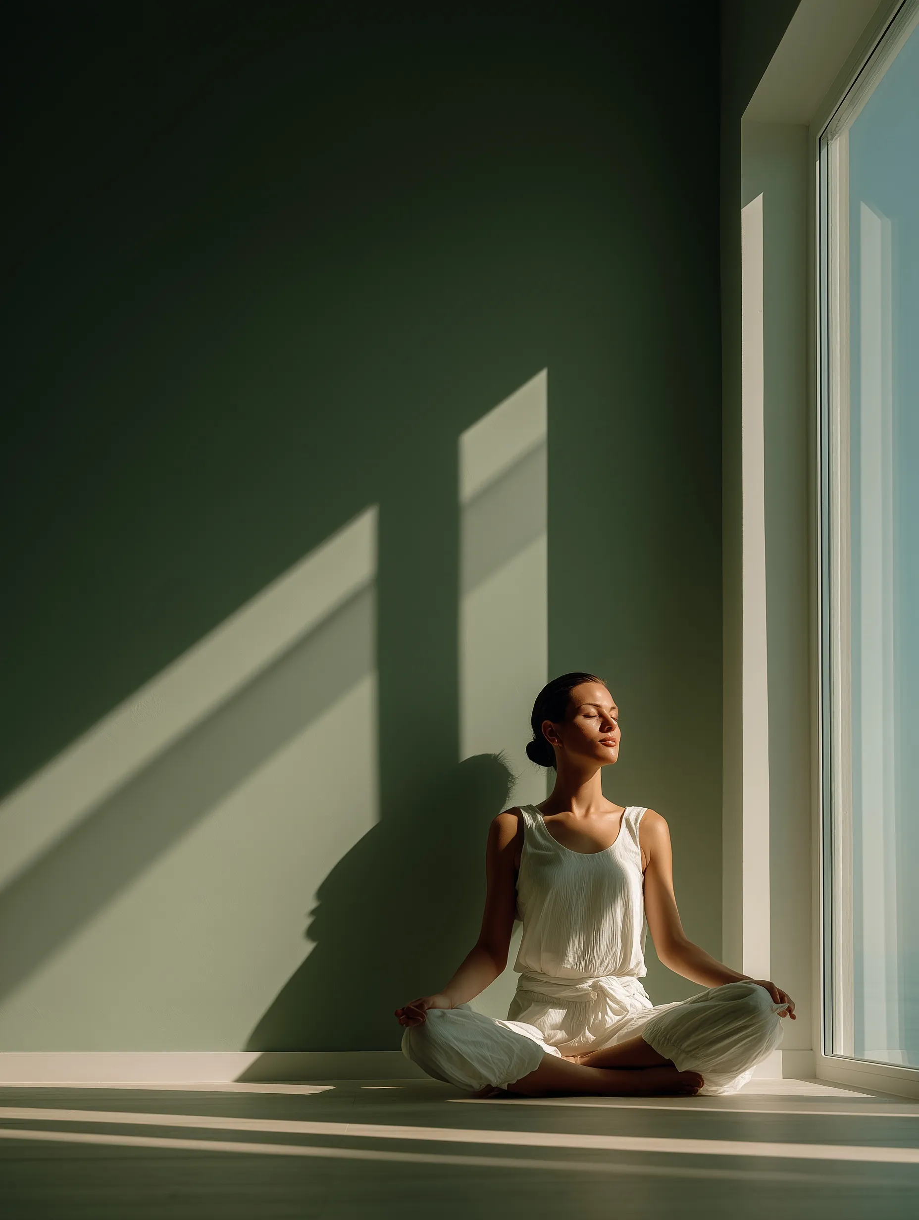 Serene woman meditating in a sunlit minimalist room, sage green and beige tones, lifestyle wellness photography.