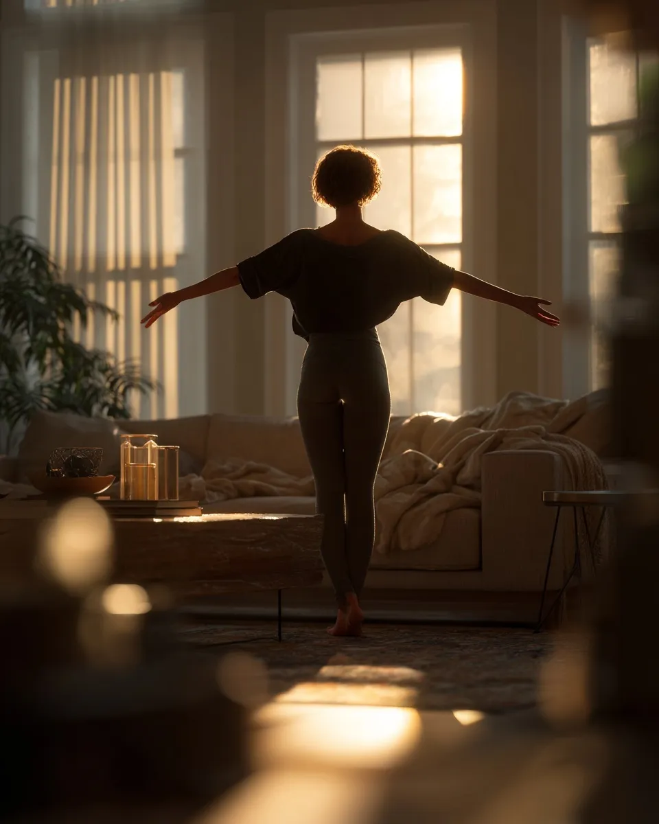 A mindful woman practicing morning meditation in a cozy, sunlit home, embodying peace and wellness.
