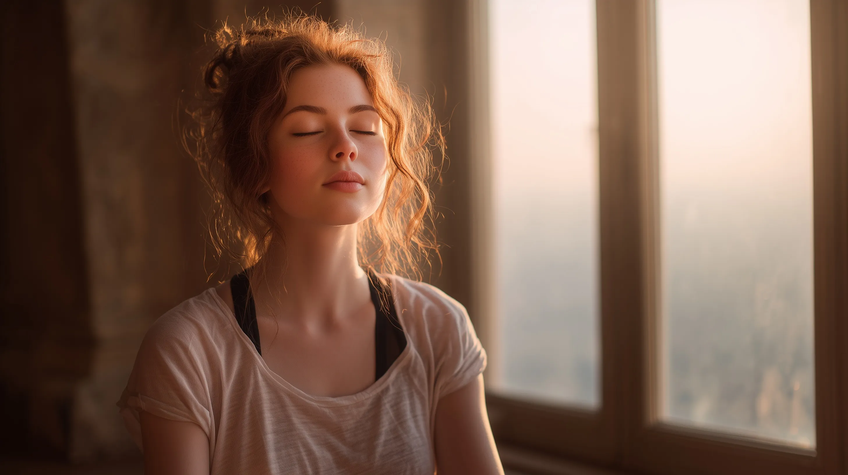 A peaceful young woman practicing mindfulness meditation during a calm morning routine at home.