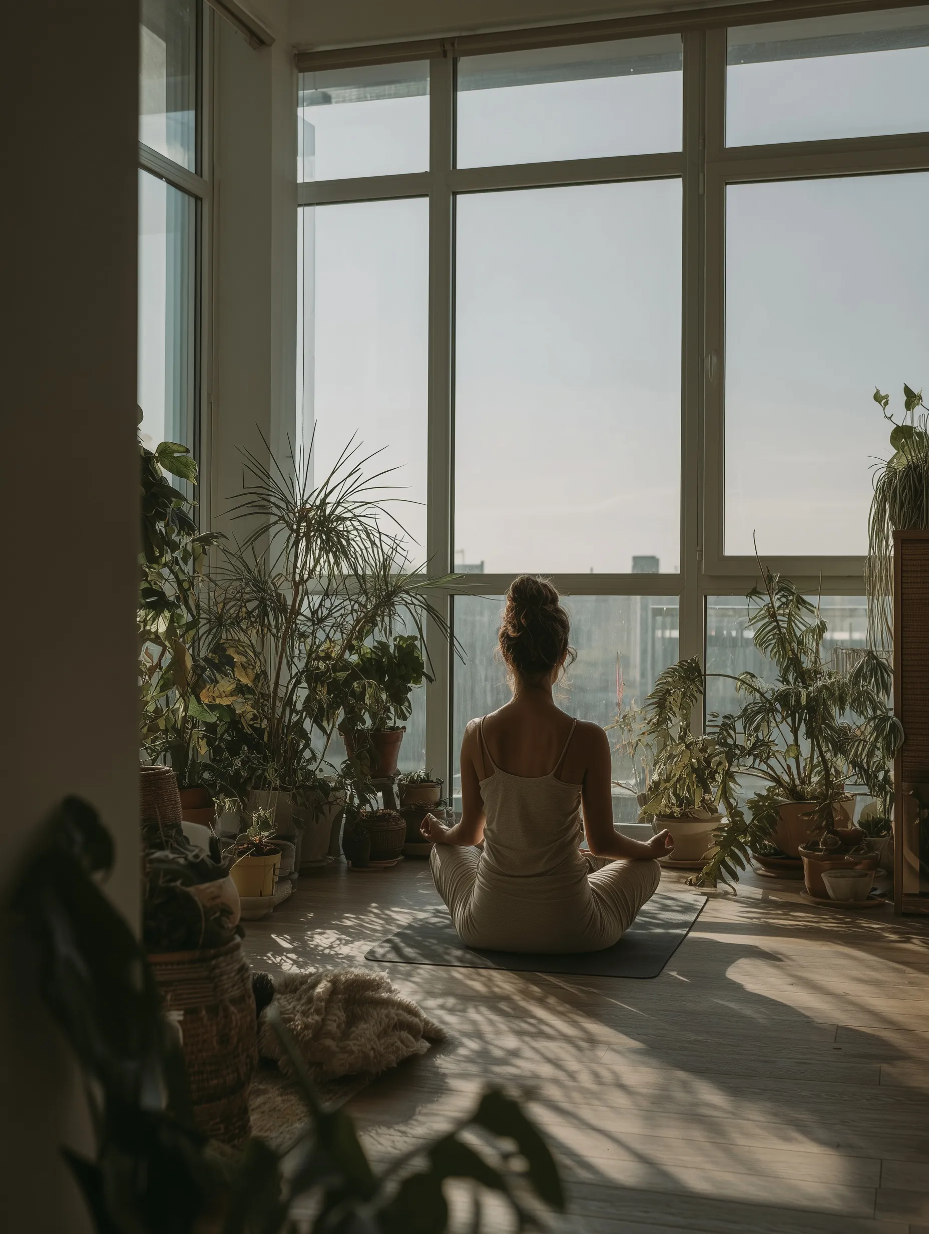 A woman in a yoga suit meditating at home with her child surrounded by indoor plants in a bright, minimalist room.