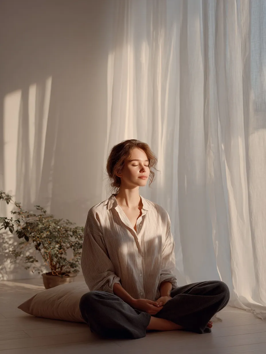A young woman meditating in a minimalist sunlit room, practicing mindfulness and self-reflection.