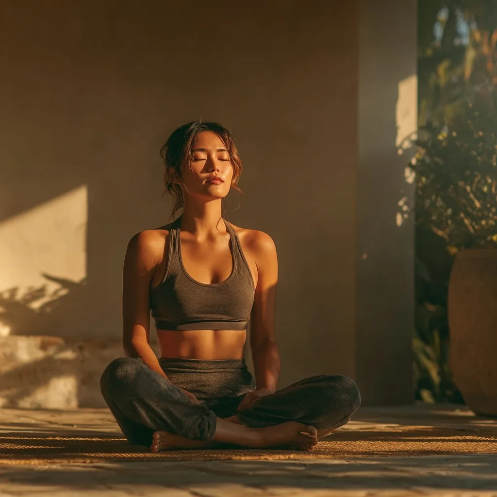 Asian woman practicing mindful yoga and meditation in a sunlit, peaceful home studio for wellness and self-care.