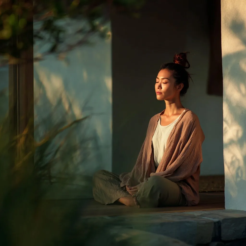 East Asian woman practicing yoga in a serene, sunlit morning setting for mindfulness and wellness.